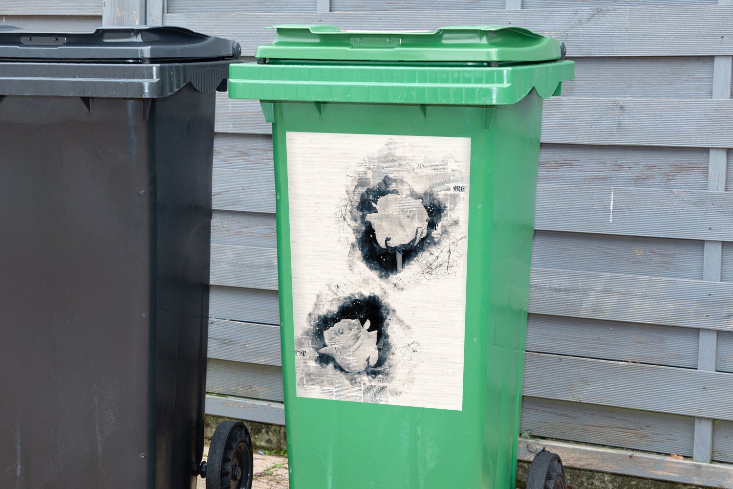 MuchoWow Wandsticker Weiß Blumen St), Mülltonne, Container, - Abfalbehälter Zeitungspapier (1 Sticker, - Mülleimer-aufkleber