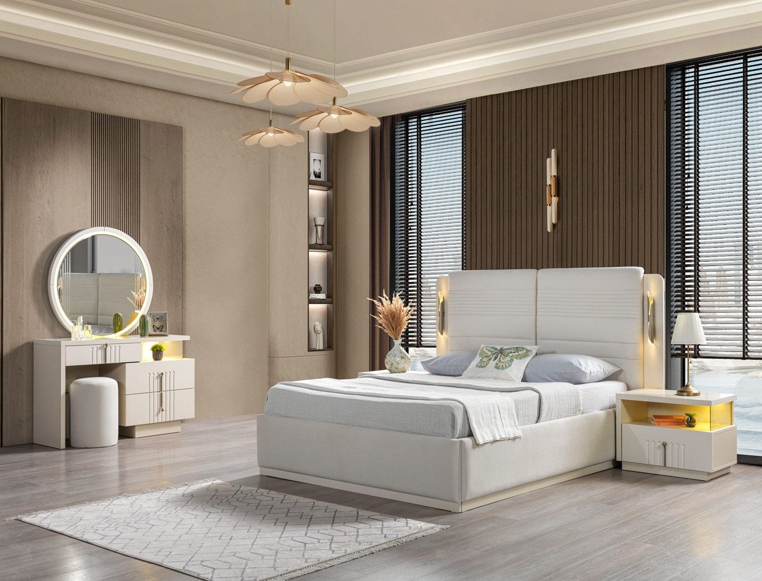 JVmoebel Schlafzimmer-Set Elegantes Polsterbett mit Nachttischen in modernem Design, (5-tlg., Bett, 2x Nachttische, Schminktisch, Spiegel), Made in Europe