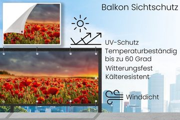 MuchoWow Balkonsichtschutz Sonnenuntergang - Mohnblumen - Rot - Blumen - Feld - Natur (1-St) Balkonbanner, Sichtschutz für den Balkon, Robustes und wetterfest
