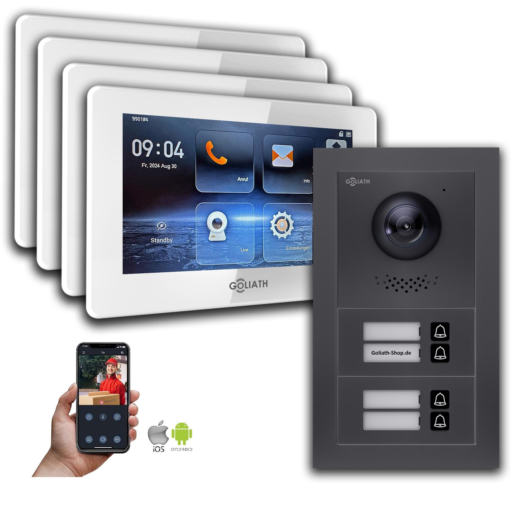 Goliath Intercom Video-Türsprechanlage Goliath 2-Draht BUS Video Türsprechanlage: 4 Familienhaus, Smartphone (Privat oder Gewerblich)