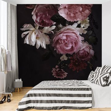 Bilderdepot24 Vliestapete Vintage Rosa Blumen Schwarz Vintage Landhausstil Modern Wanddeko, Glatt, Matt, (Inklusive Gratis-Kleister oder selbstklebend), Wohnzimmer Schlafzimmer Küche Flur Fototapete Motivtapete Wandtapete