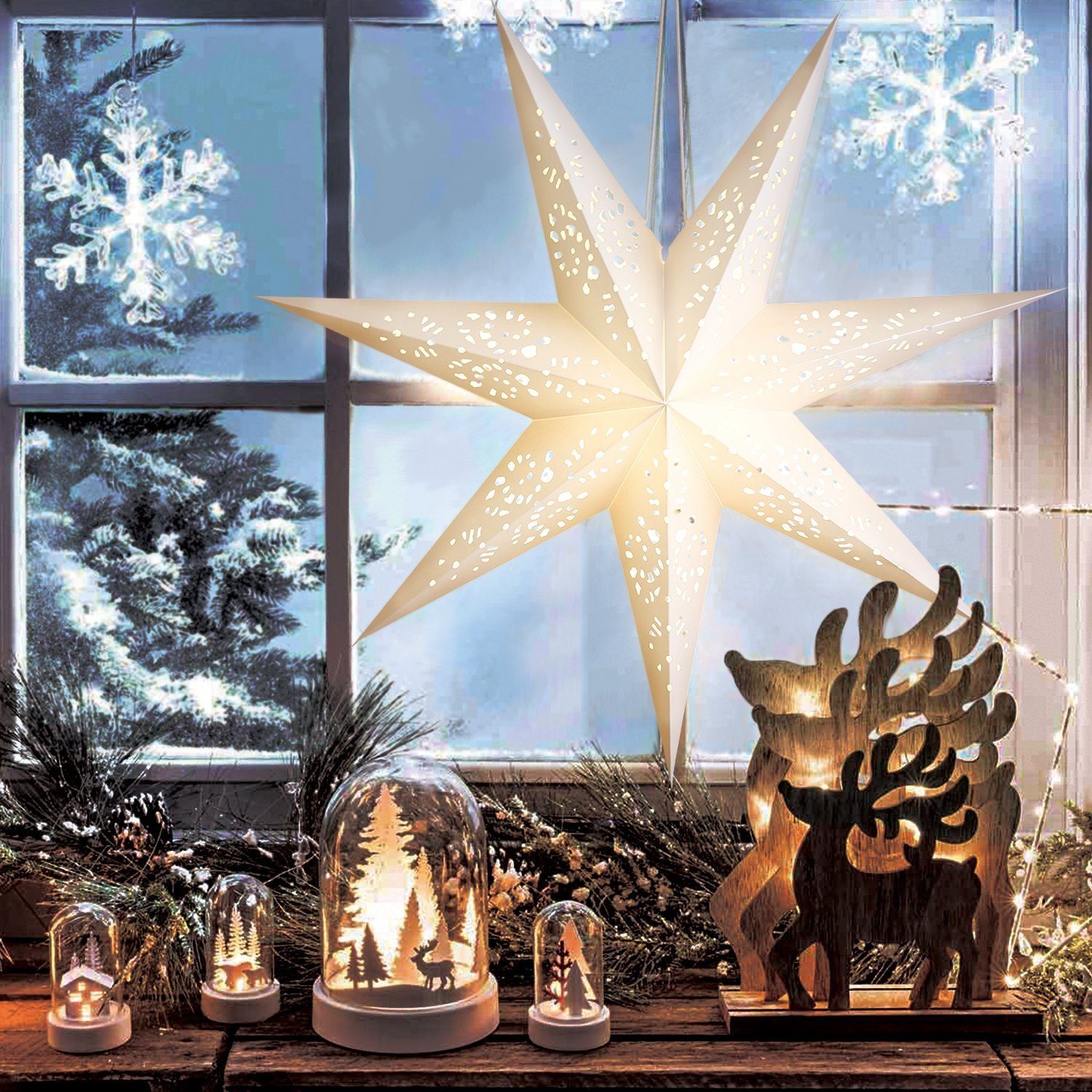 Stern Warmweiß, hängender LED hohlgeschnitzt, Fensterbilder, LED Elegear Dekolicht integriert, Papierstern, Stern LED Warmweißes Weihnachtsstern 70CM fest LED
