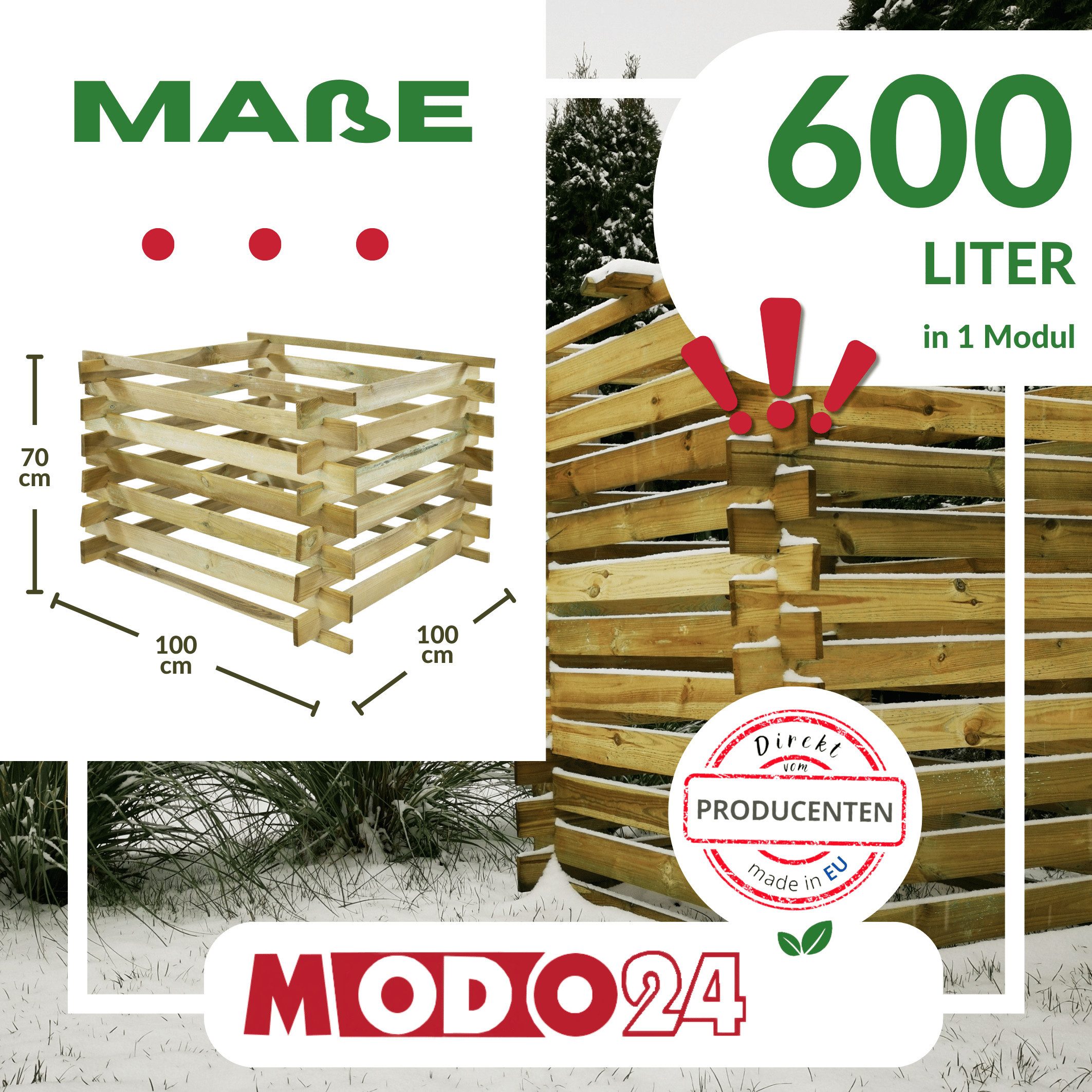 Modo24 Komposter Komposter KMP, Holzkomposter, Steckkomposter, Gartenkomposter, Druckimprägniert, Wetterfest, UV-beständig, Maulwurfgitter