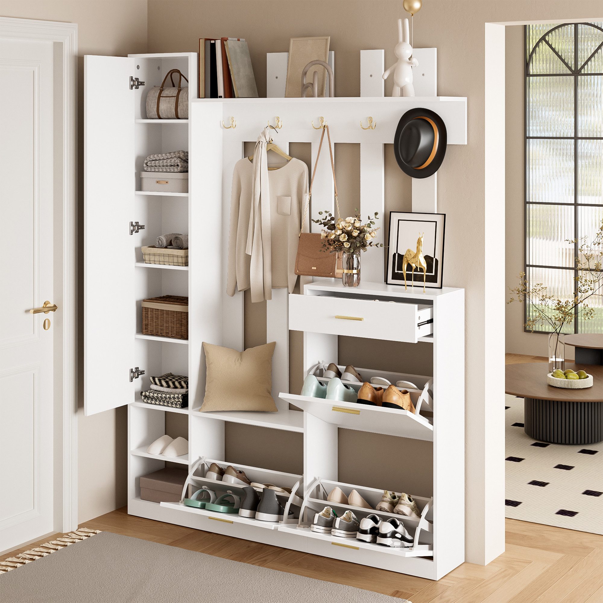 Merax Garderoben-Set Garderobenset, Wandgarderobe mit Haken, Spiegelschrank, (1-St., Schuhkipper mit 3 Klappen, Sitzbank und Schublade), Garderobenständer, Flur Möbel