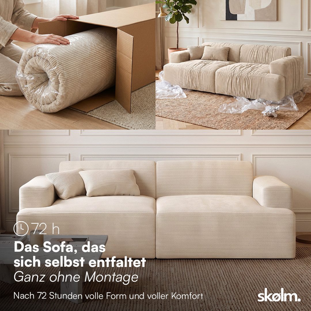 skølm Sofa Freki aus Cord, Vollschaumcouch mit Federkern und Vakuum-Kompression, Beige, Couch 2 Sitzer mit 2 Kissen, kein Aufbau erforderlich, 230 cm breit, gepolstert, vakuumiert