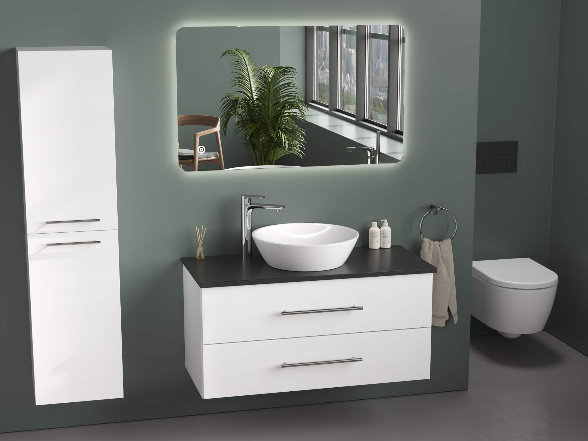 Aqua Bagno Badmöbel-Set Badmöbel-Set 80 cm in Weiß Hochglanz mit Eicheplatte & Aufsatzbecken, (5-St., Badmöbelschrank mit Trägerplatte, Waschbecken), einfache Montage