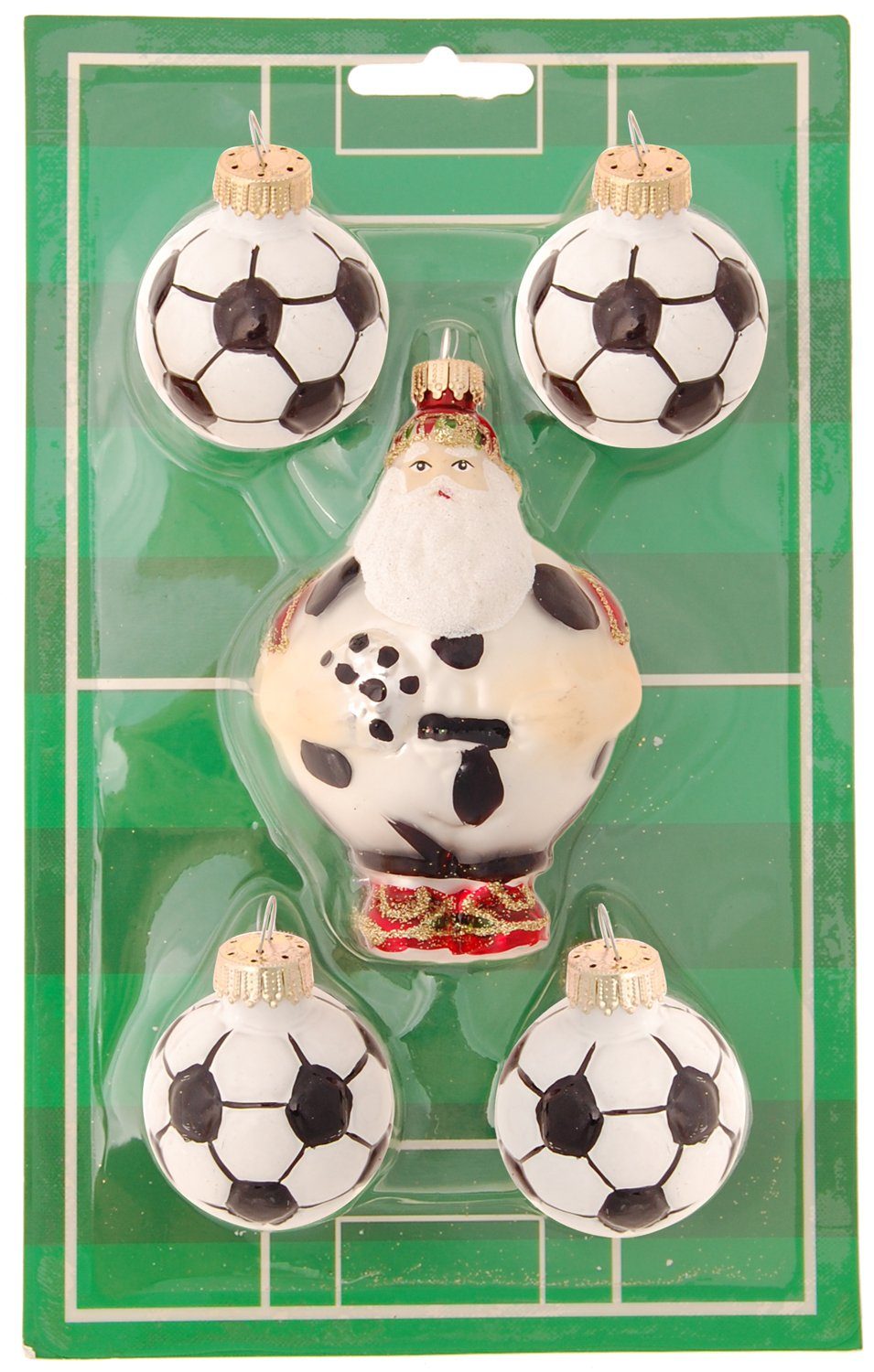 Krebs Glas Lauscha Christbaumschmuck Multicolor, Miniset Fußball-Santa und 4 Fußbälle, mundgeblasen und (5-tlg)