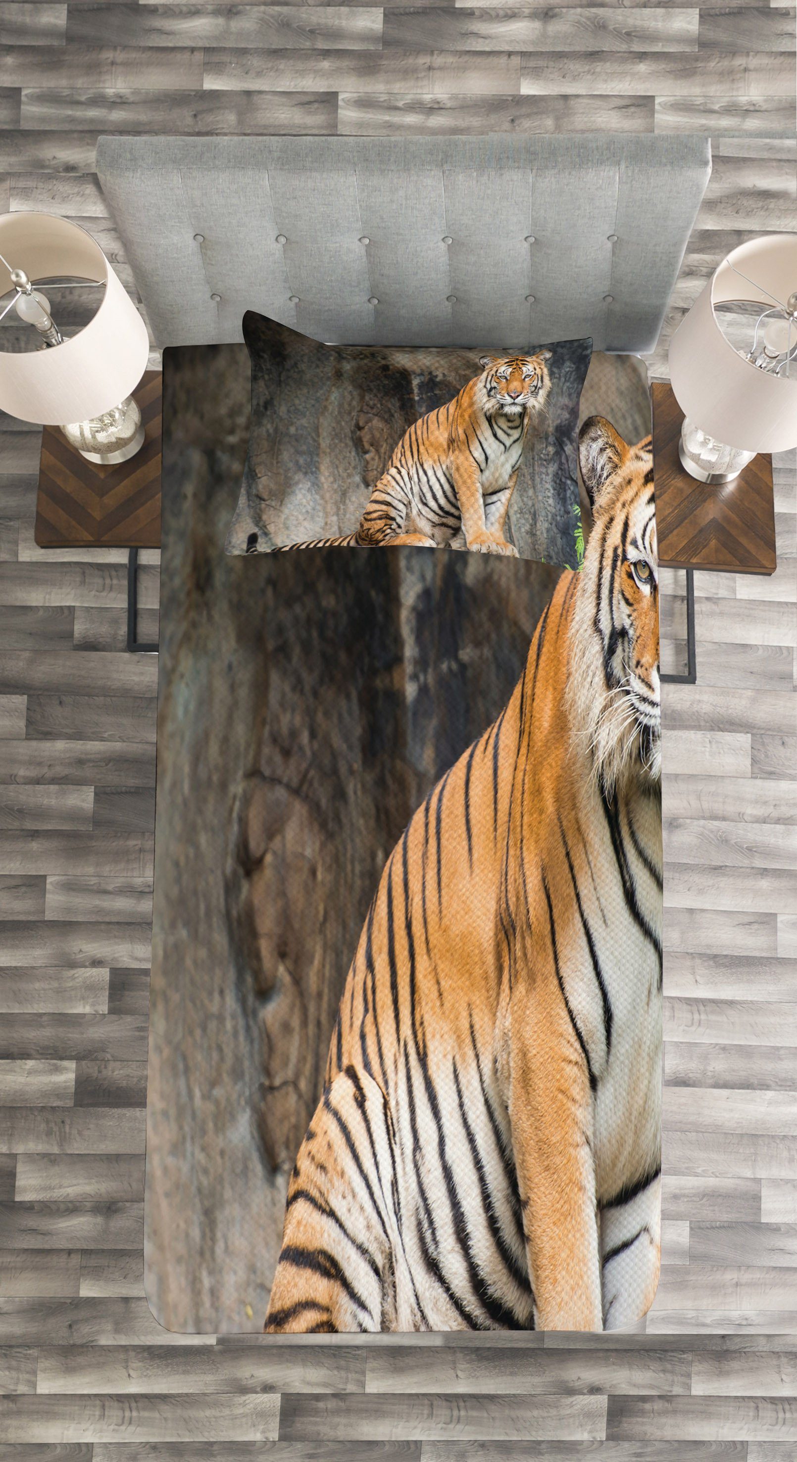 Set Bengal-Tiger-Katze Zoo Predator Tagesdecke Waschbar, Abakuhaus, mit Kissenbezügen