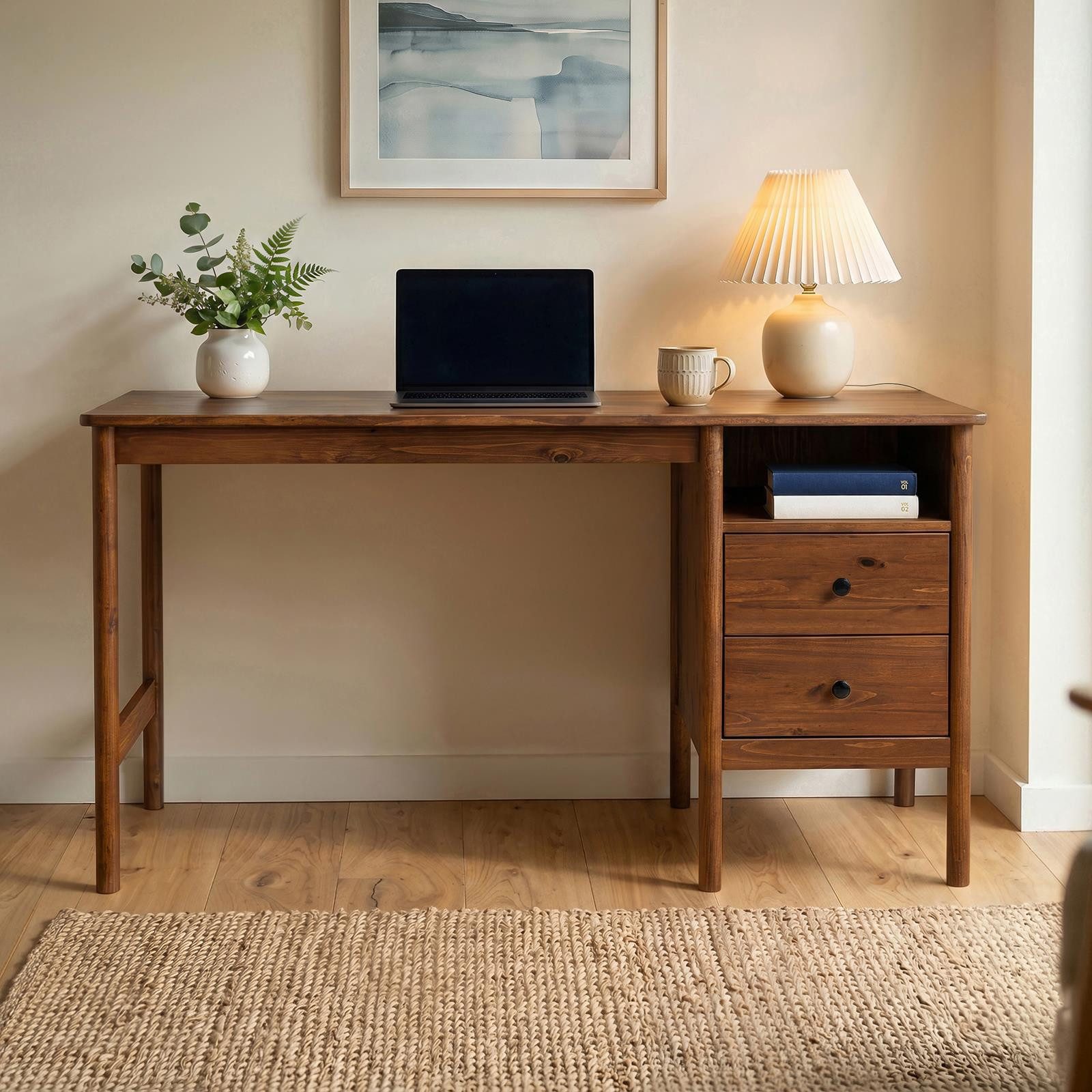 IDIMEX Schreibtisch BOSSA, Homeoffice Tisch aus Massivholz mit 2 Schubladen Kastanie Finish
