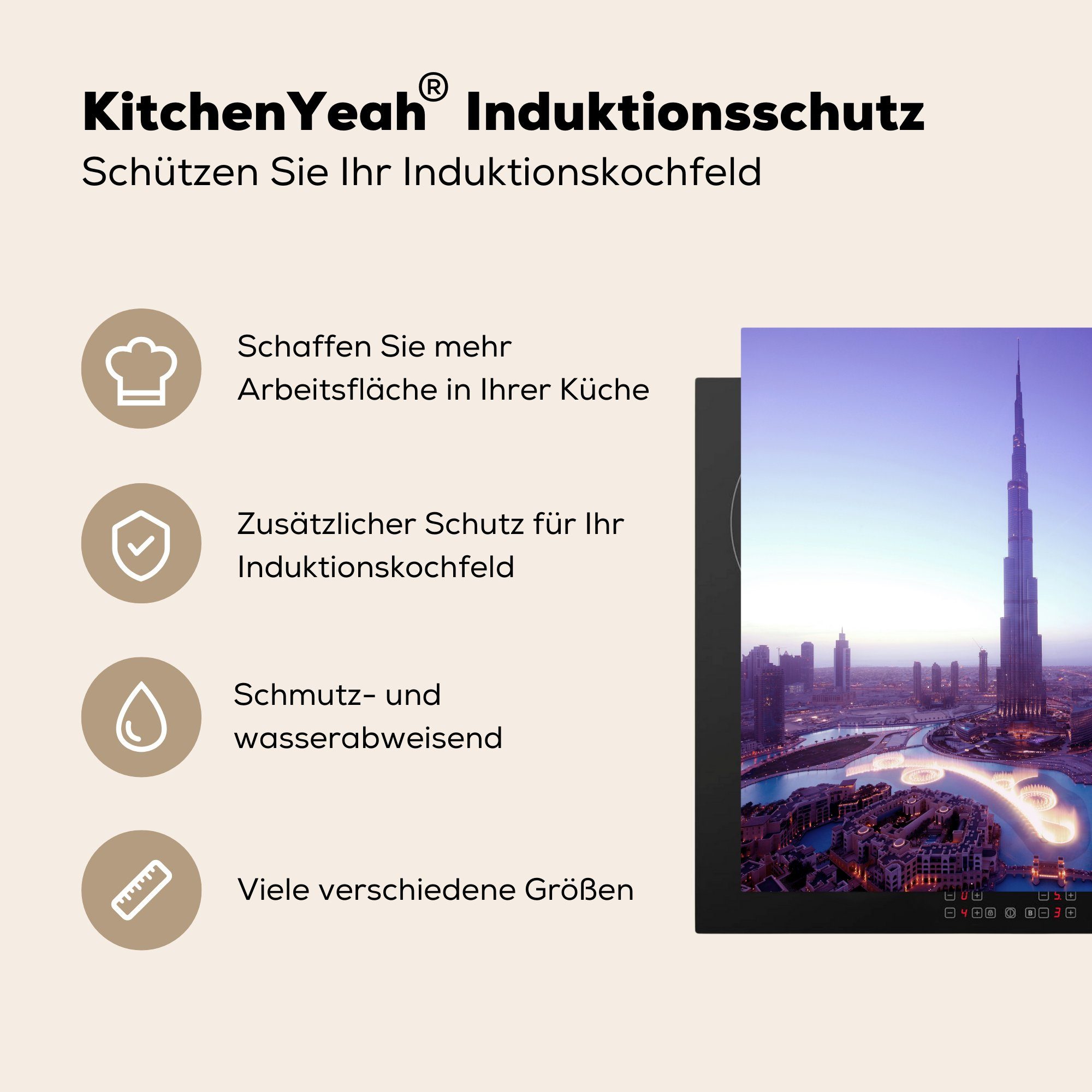 für Sonne cm, küche Arbeitsplatte Khalifa tlg), scheint 78x78 helle auf den Burj Vinyl, Die Ceranfeldabdeckung, in MuchoWow (1 Herdblende-/Abdeckplatte Dubai,