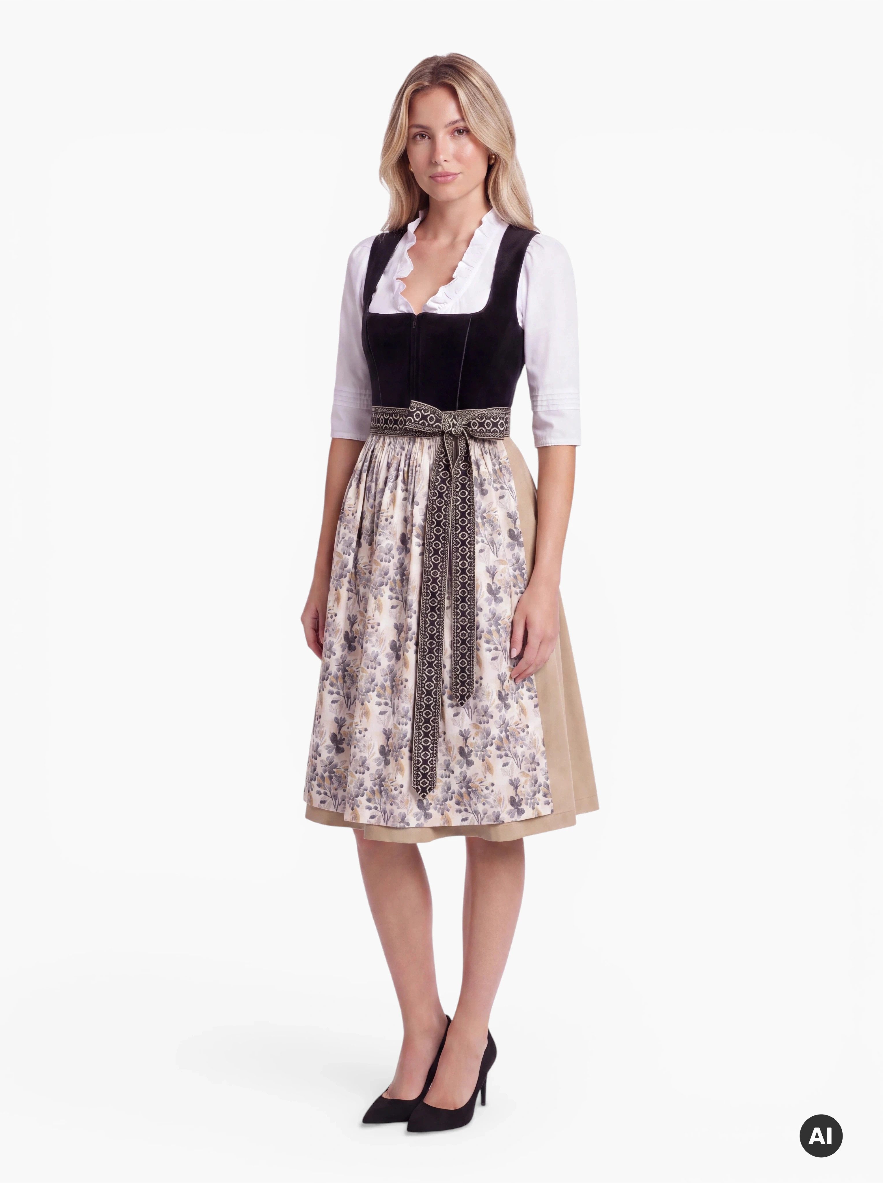 Moschen-Bayern Dirndl Paula Krüger Dirndl Midi 70 cm Rock Samtmieder mit florale Schürze