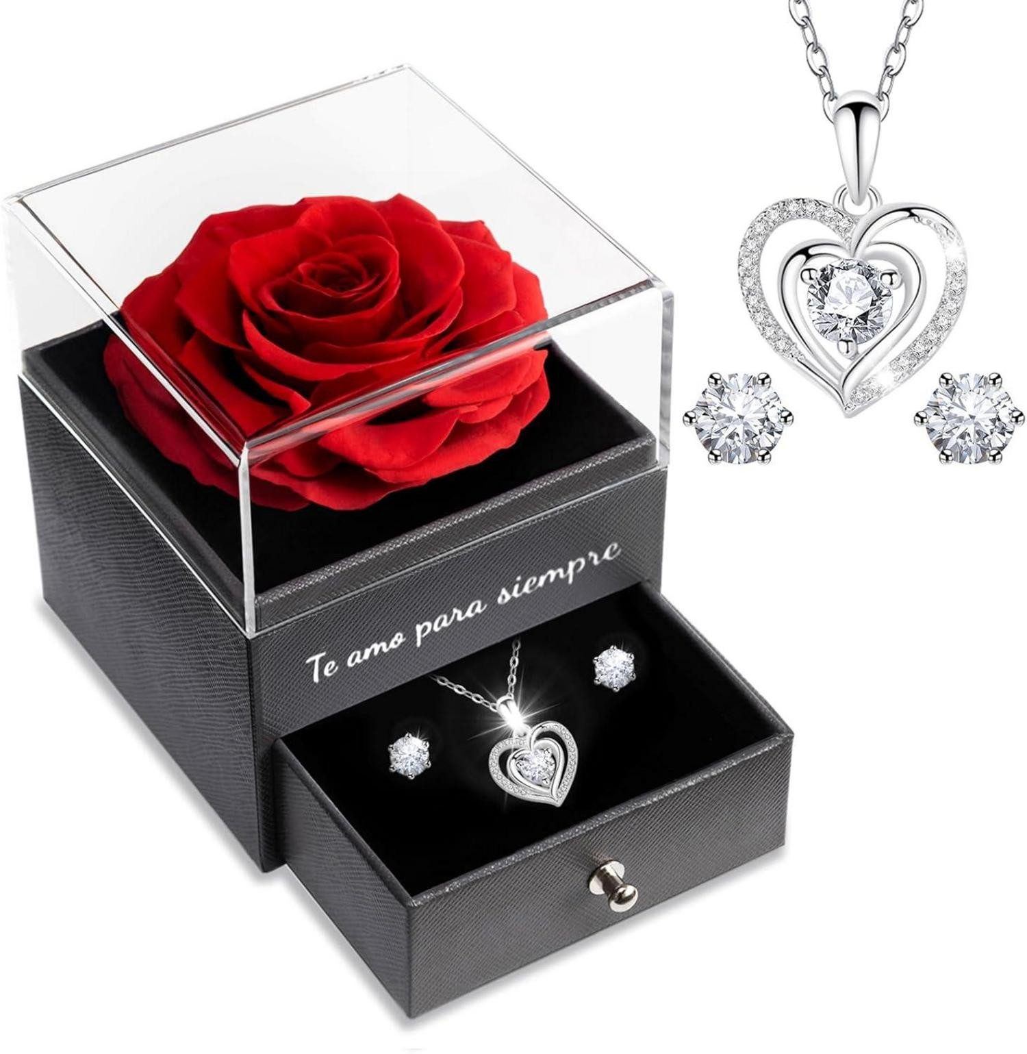 Kette und Anhänger Set Ewige Rote Rose Konservierte Blumen Halskette Set für Frauen