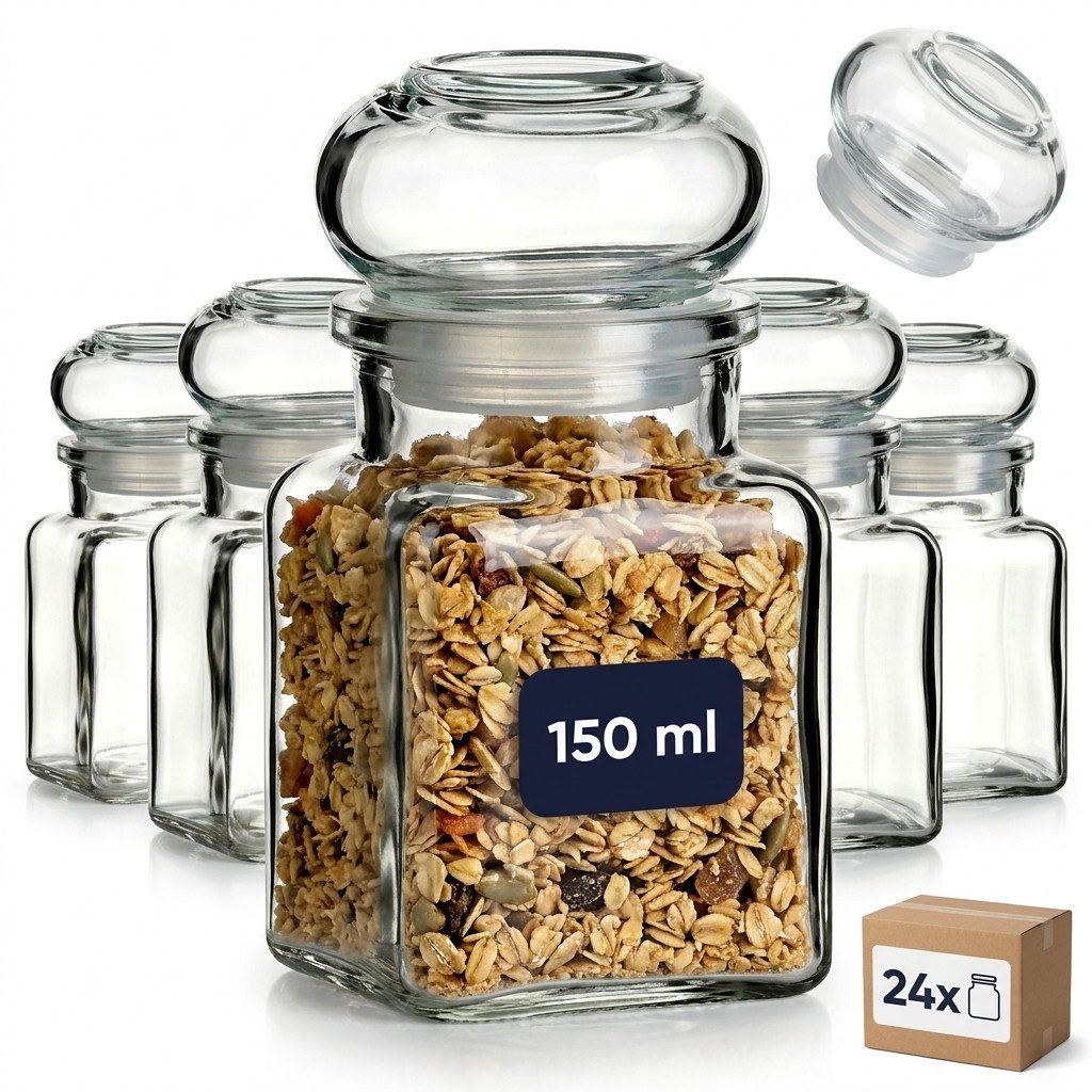 gouveo Vorratsglas Gewürzgläser 150 ml eckig mit Glaskorken - Gläser mit Glasstopfen, (24-tlg), Glaskorken, eckige Form, luftdicht verschließbar