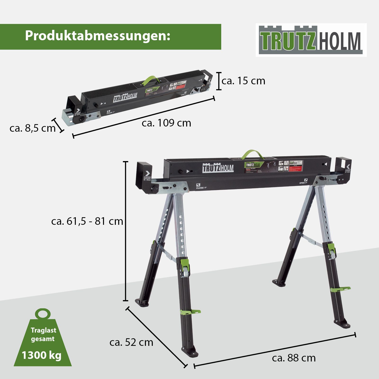 TRUTZHOLM Sägebock 2.0 DELUXE Stahl Klappbock Arbeitsbock Werkbock Unterstellbock Bock, (2er Set), klappbar, Traglast gesamt bis 1300 kg, höhenverstellbar