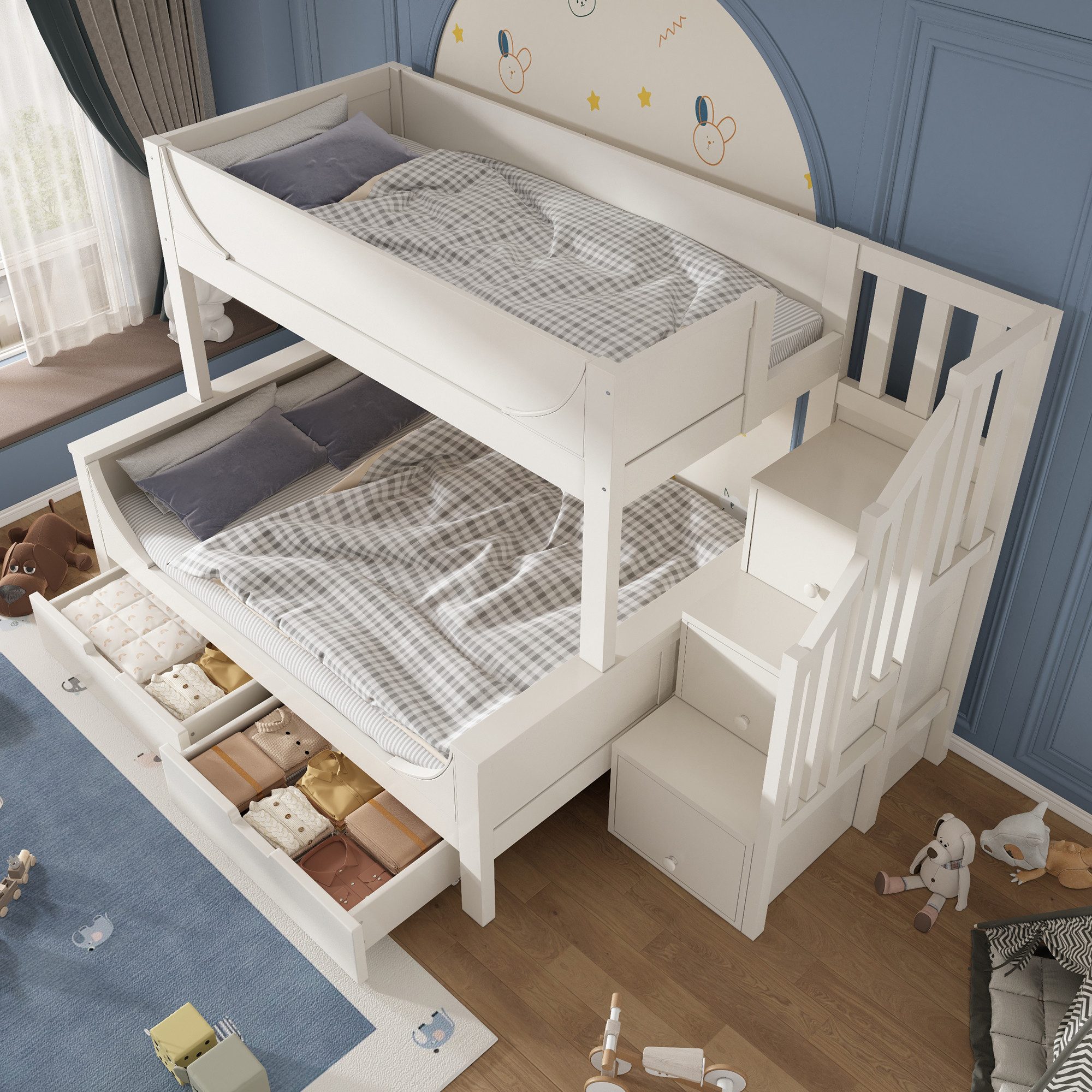 MODFU Hochbett mit Rollen-Schublade & Leiterschrank (Holzbett, Doppelbett, günstig online kaufen