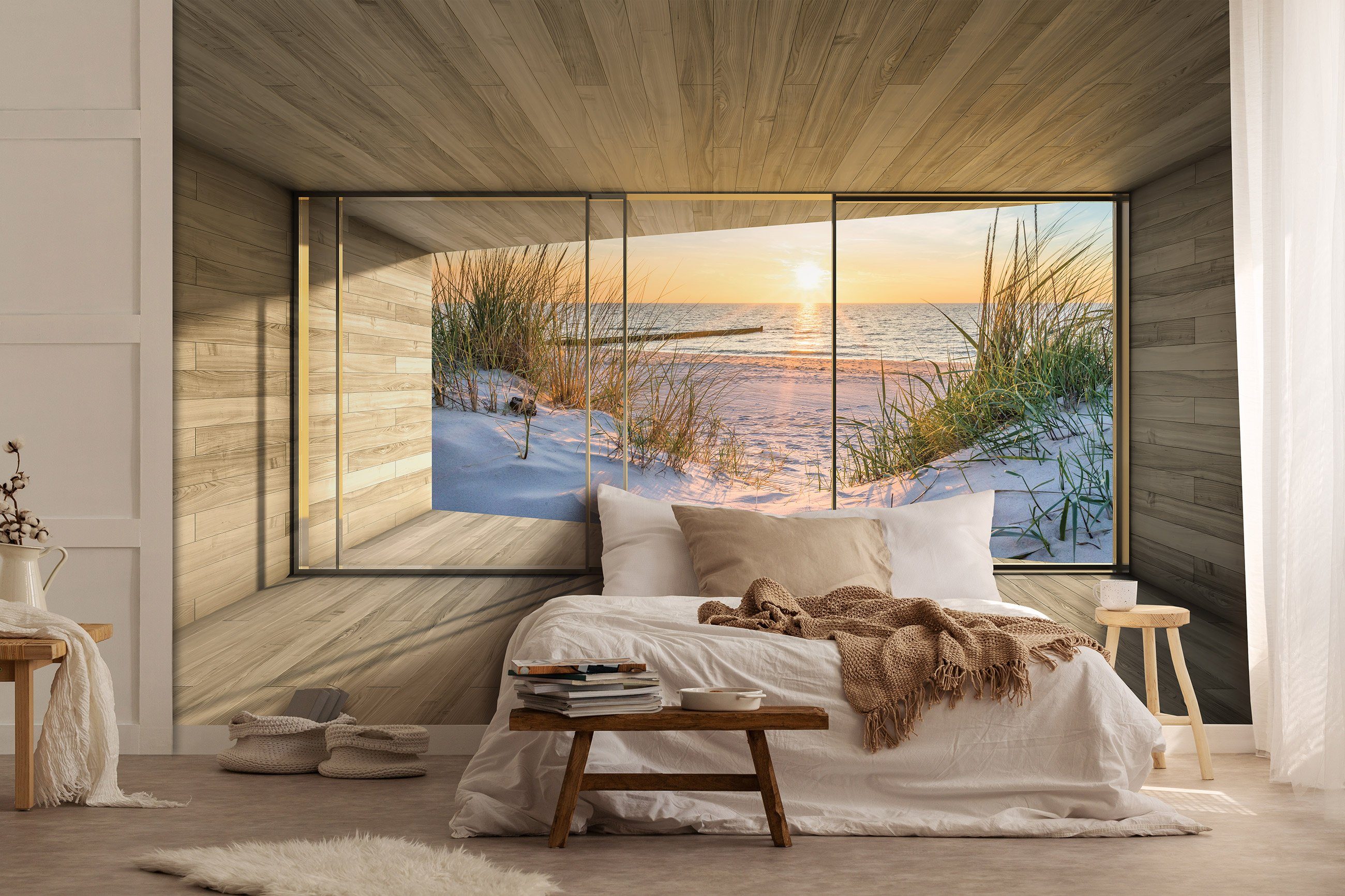 3D-Optik, Sand EFFEKT oder Vliestapete Wallarena 3D Wohnzimmer Wandtapete Fenster Tapete Vliestapete Terrasse Natur Strand inklusive Glatt, Vlies Panorama Fototapete Motivtapete, Kleister Meer Landschaft Schlafzimmer für