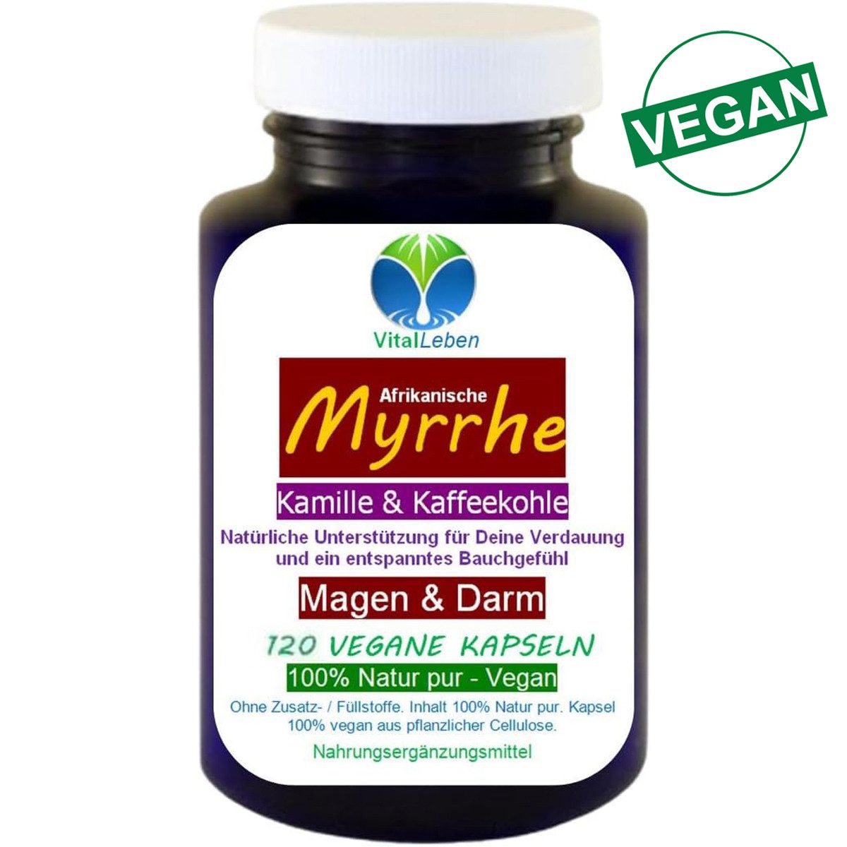 VitalLeben Myrrhe Kamille Kaffeekohle pflanzlich ohne Zusatzstoffe vegane Kapseln, 1 er Dose à 120 St., 60 g, Art. 27415-120