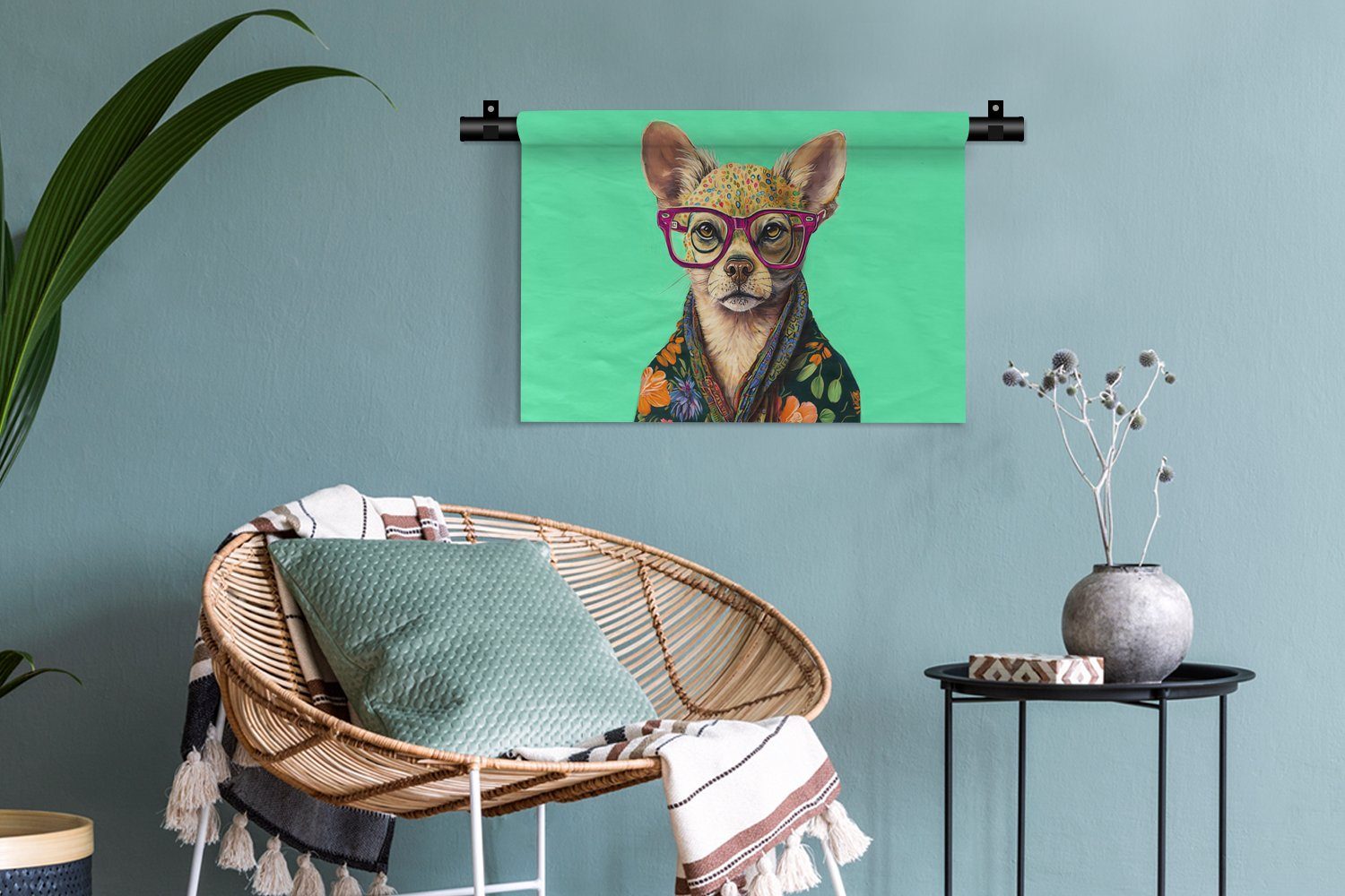 Wohnzimmer, MuchoWow - Kinderzimmer Schlafzimmer, Blumen Brille Kleid, Wanddekoobjekt Wandbehang, - Hund Chihuahua, Tier - Wanddeko für -