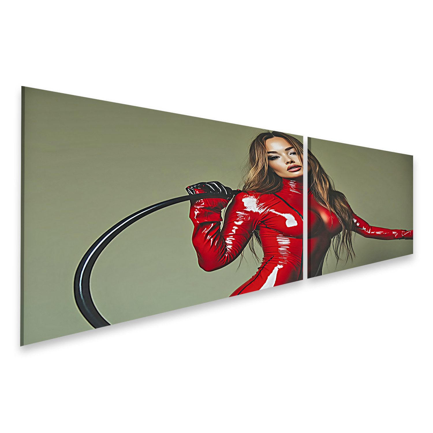 islandburner Leinwandbild, Frau in rotem Latexanzug mit Peitsche (2)