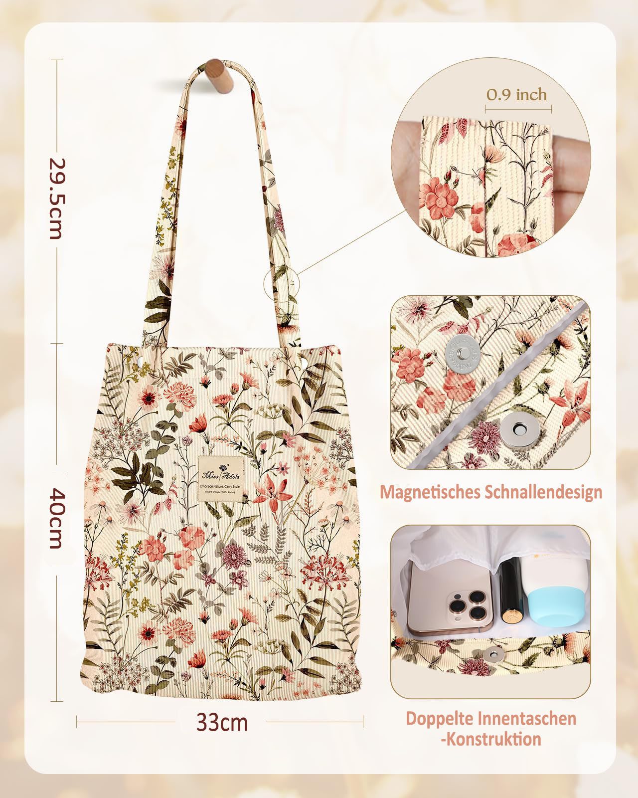 Zaewry Schultertasche Cord-Tote-Bag, gestreifte Schultertasche, Handtasche, Einkaufstasche, geeignet für Pendeln, Strand, Freizeit, Reisen und tägliches Einkauf – Bild 5 von 5
