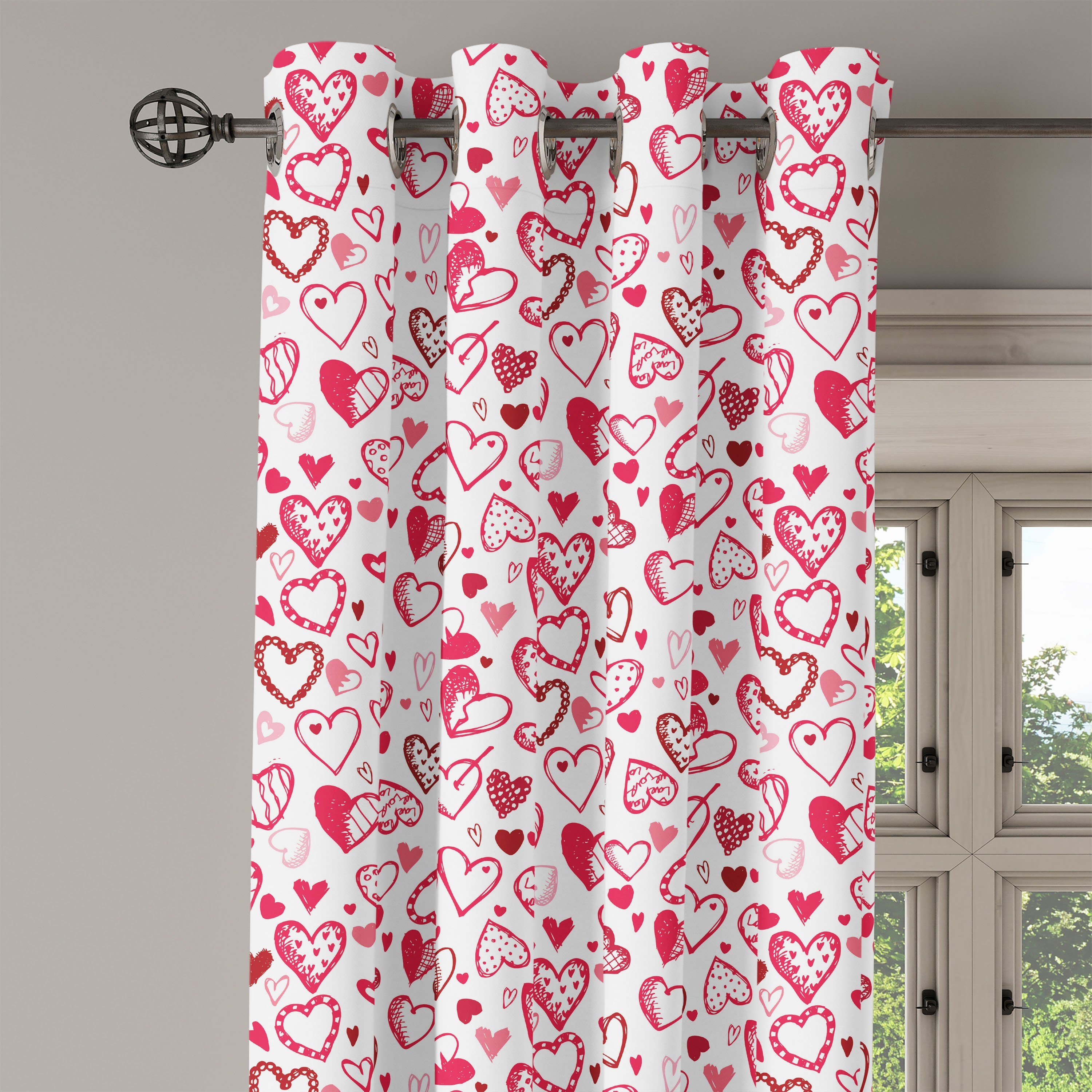 Gardine Dekorative 2-Panel-Fenstervorhänge Valentines Stil Herzen Sketch für Wohnzimmer, Schlafzimmer Abakuhaus
