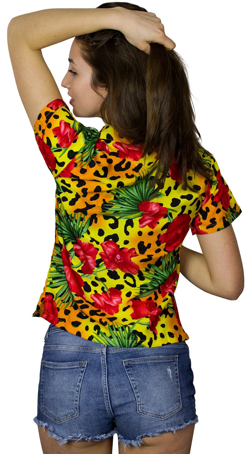 King Kameha Hawaiihemd Leopard Flowers Funky Hawaiibluse Damen Kurzarm Front-Tasche Stylish
