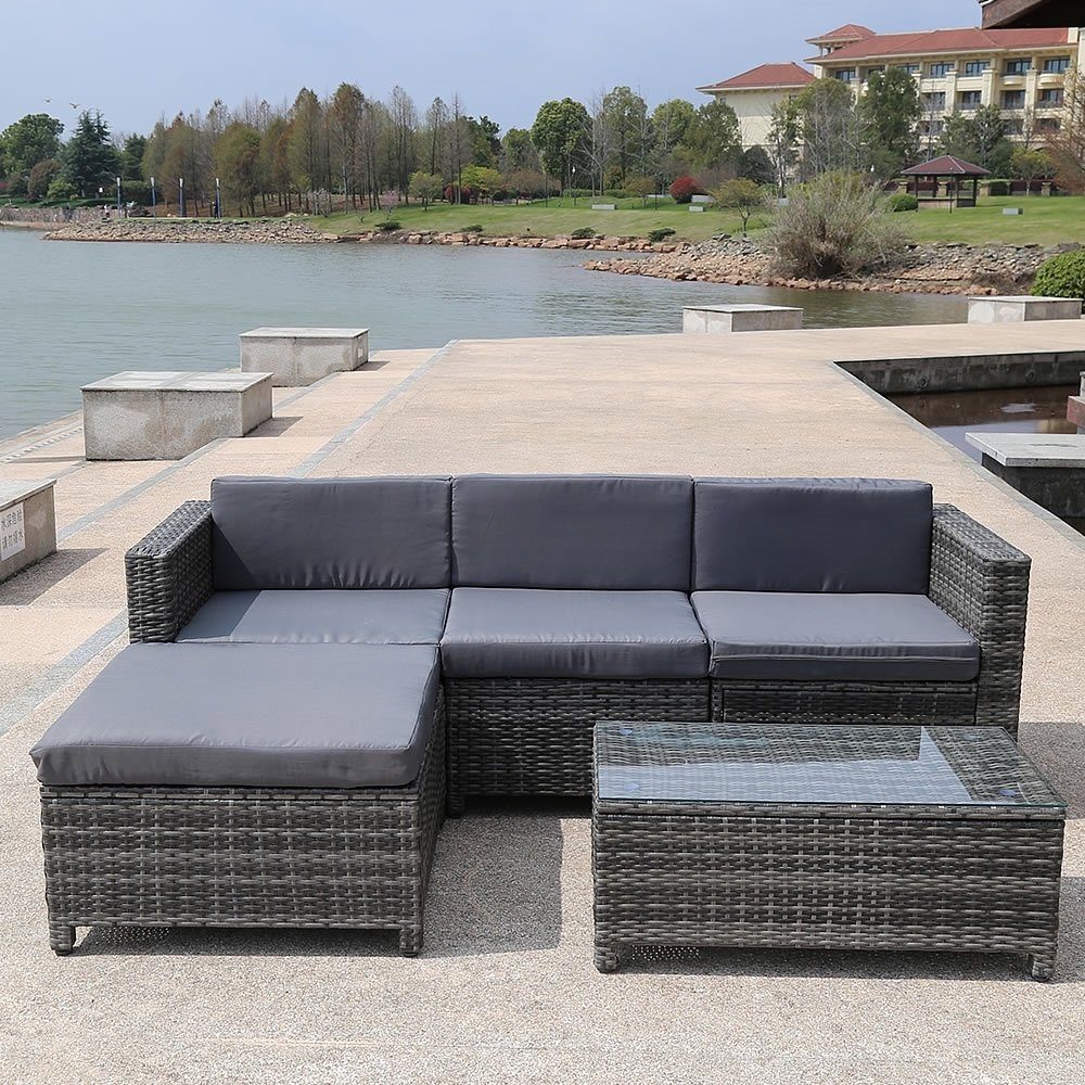 Melko Loungeset Sitzgruppe Polyrattan Lounge Gartensofa Set Grau Liege, (Set, Tisch mit 3-Sitzer Sofa und Hocker)