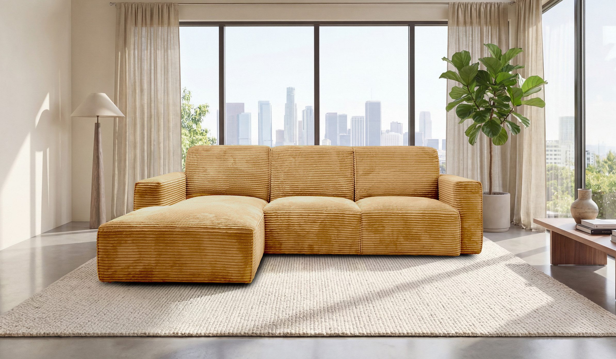 Hygger Möbelhaus Ecksofa Rio Ecksofa L-Form Cord XXL Big Sofa Wohnzimmer Modern, Wellenunterfederung, Cordstoff 90000 Scheuertouren, Made in Europe, Polsterecke L Form inkl. Ottomane Couch Groß Bequem Design