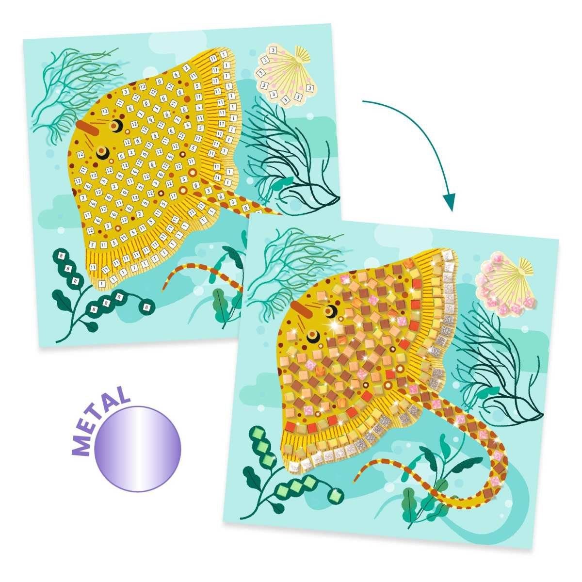 DJECO Kreativset Bastelpackung Mosaike Karibik Meerestiere Metallic Optik