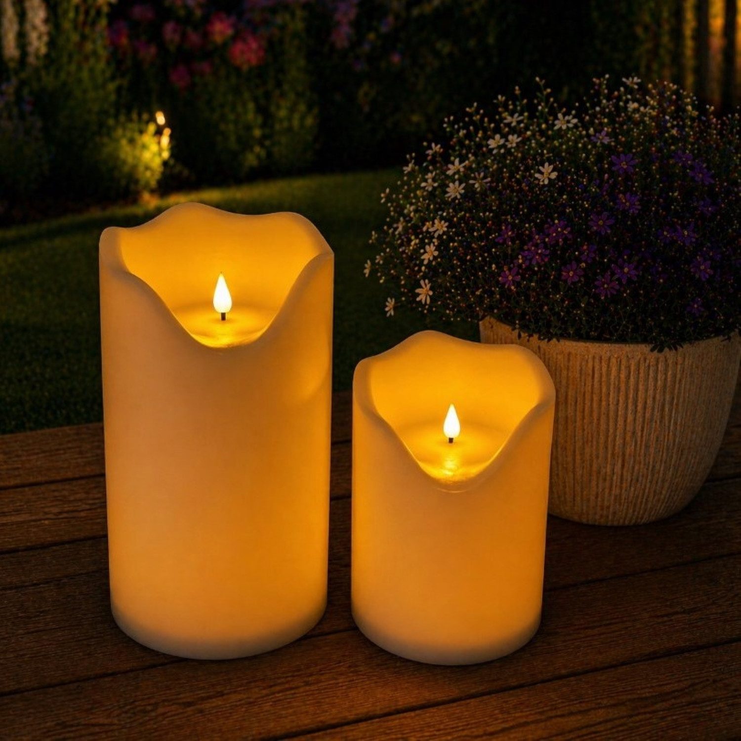 Online-Fuchs LED-Kerze 2 LED Solar Bodenkerzen, aufladbar für draußen - Lampen Outdoor (Creme oder Weiß, realistische Kerzenflamme), 20 und 30 cm hoch, 16 cm im Durchmesser