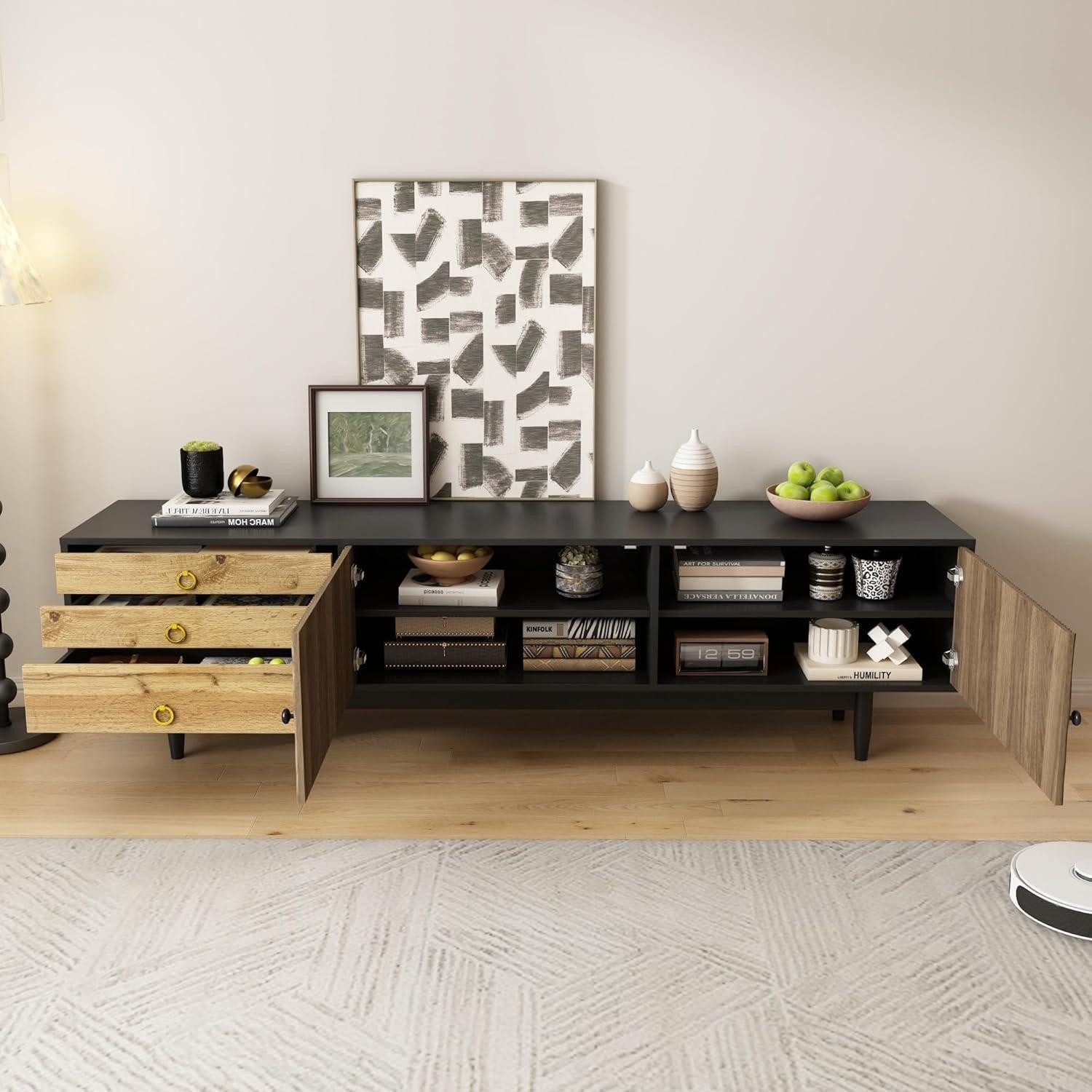 LuxusKollektion TV-Board Lowboard TV Türpaneele 3 Schwarz und Naturfarbe(180x38x50cm)