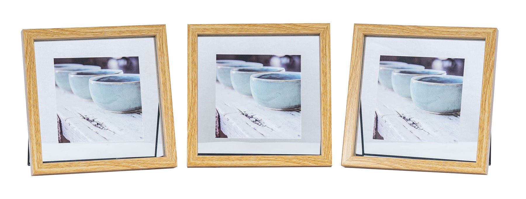 Levandeo® Bilderrahmen, 3er Glas Metall Holz Eiche-Optik 10x10 Set Bilderrahmen Fotorahmen Aufsteller