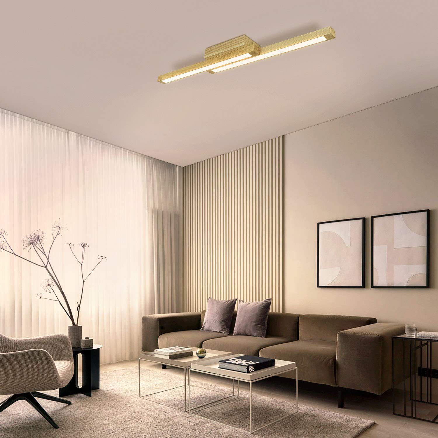 Deckenleuchte ZMH Wohnzimmerlampe fest 2-flammig, Lang LED LED Holz Warmweiß 3000K 114cm integriert,