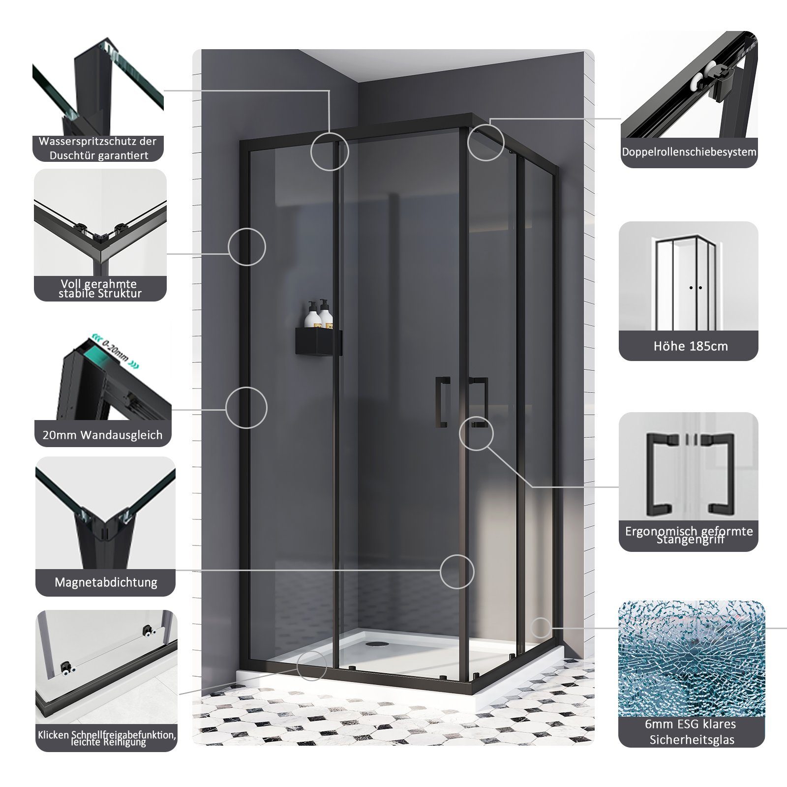 Boromal Eckdusche Duschkabine 90x80 80x90 Schwarz günstig online kaufen