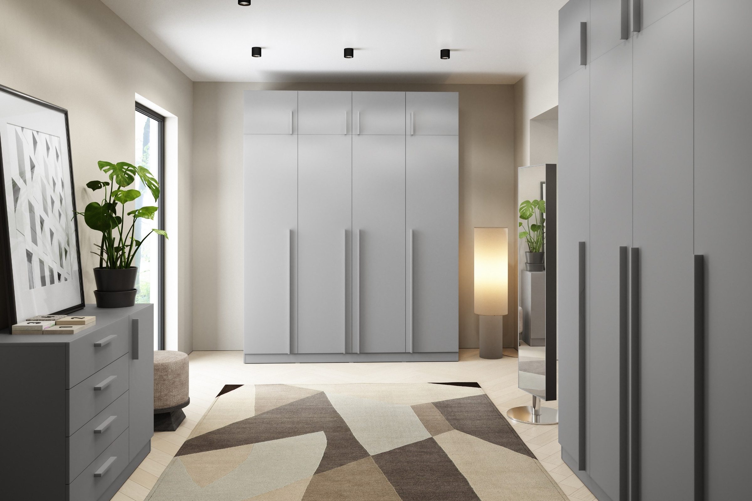 Deine Möbel 24 Kleiderschrank BRISSO BR1 200 cm 4-türig, Kaschmir matt, Eiche Cremona, Platingrau (ideal für Schalfzimmer & Ankleidezimmer, 1-St., Schubladen & Aufsatz optional) Kaschmir matt, Eiche Cremona, Platingrau
