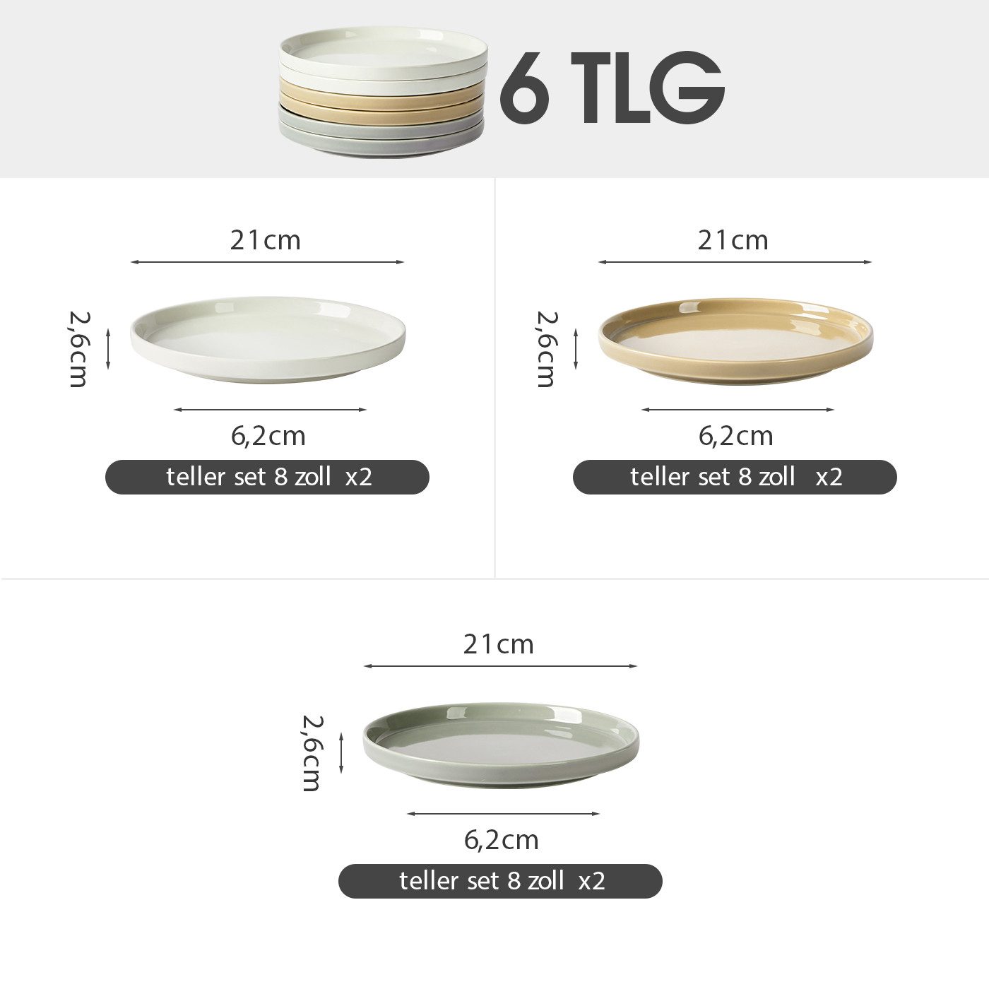 JIWOO Teller 4er Ø21cm,Frühstücksteller Steakteller Pastateller Brotteller Plate, (6 St), Keramik Hochwertiges Tellerset Bunt Mikrowellen spülmaschinenfest