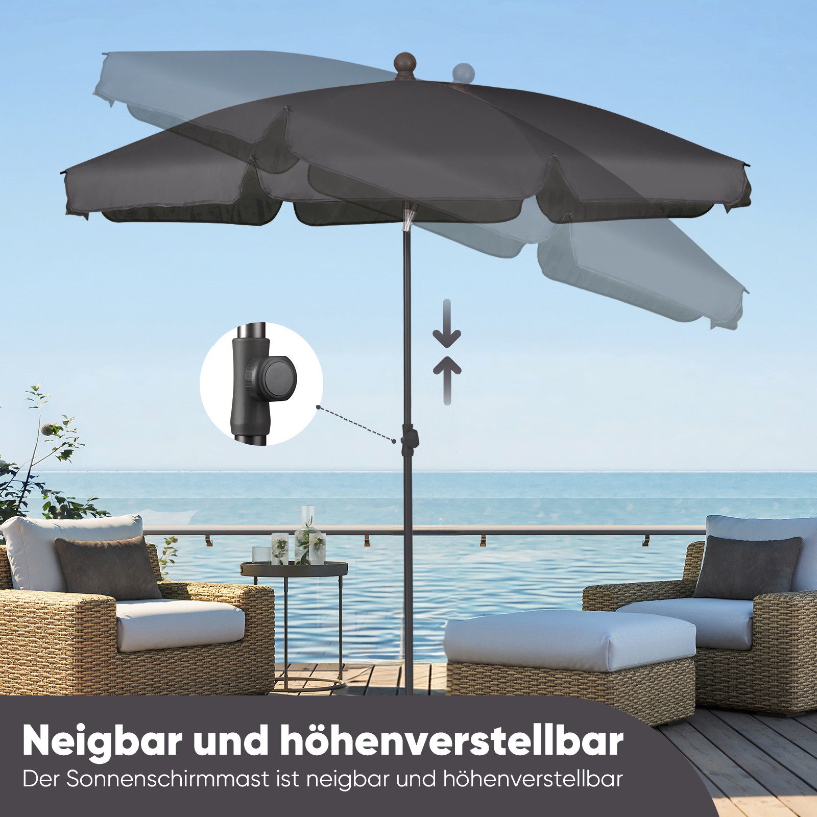 Sekey Balkonschirm 200cm Sonnenschirm Rund Gartenschirm Terrassenschirm mit UV-Schutz 50+, Balkonschirm höhenverstellbar, Stabiler Sonnenschirm knickbar