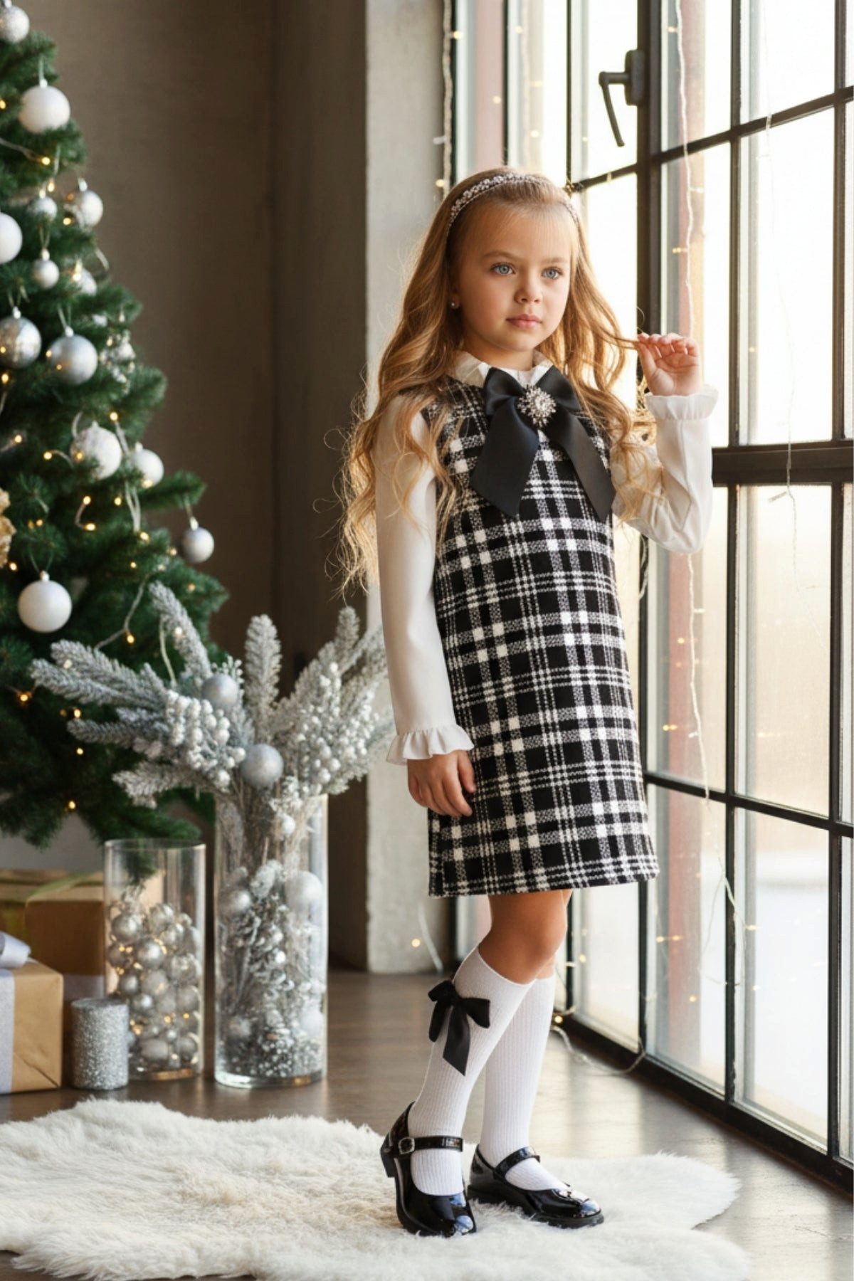 Parla Kids 2-in-1-Kleid Kleid mit Tweed in schwarz/weiß - abnehmbare Brosche mit Zirkoniastein Abnehmbare Brosche