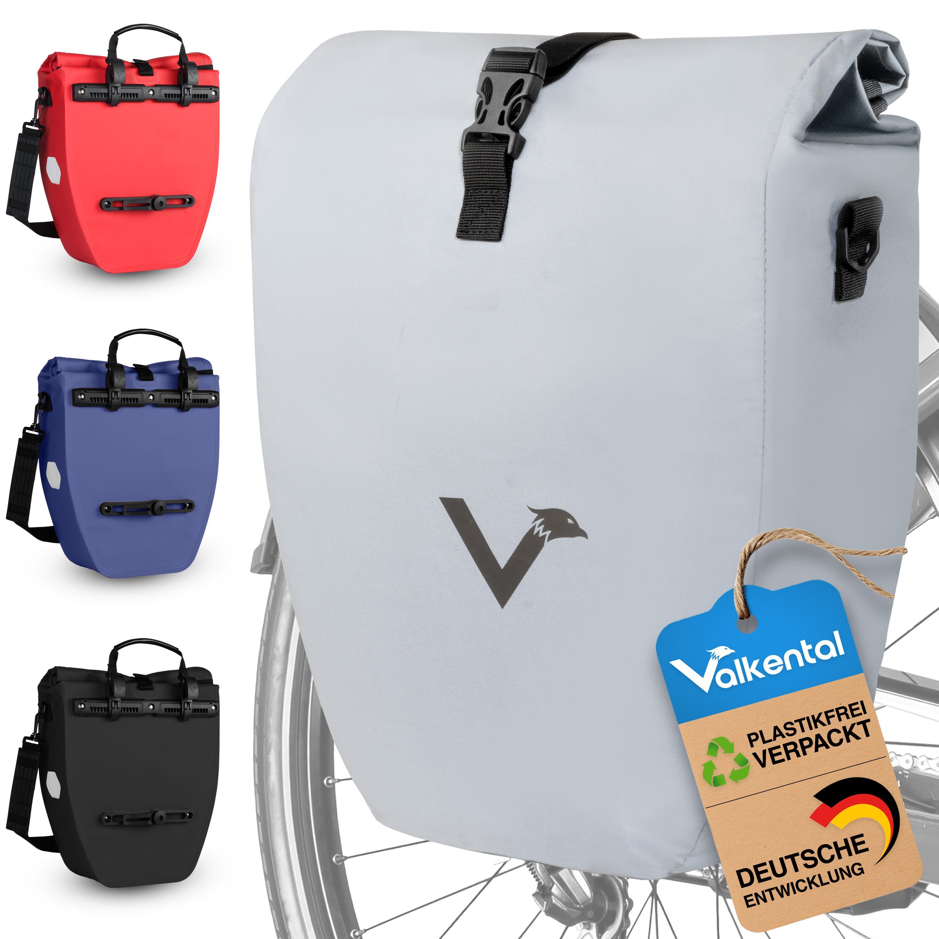Valkental Fahrradtasche Gepäckträgertasche - Fahrradtasche für Gepäckträger, wasserdicht, große Reflektoren, 20L & 28L