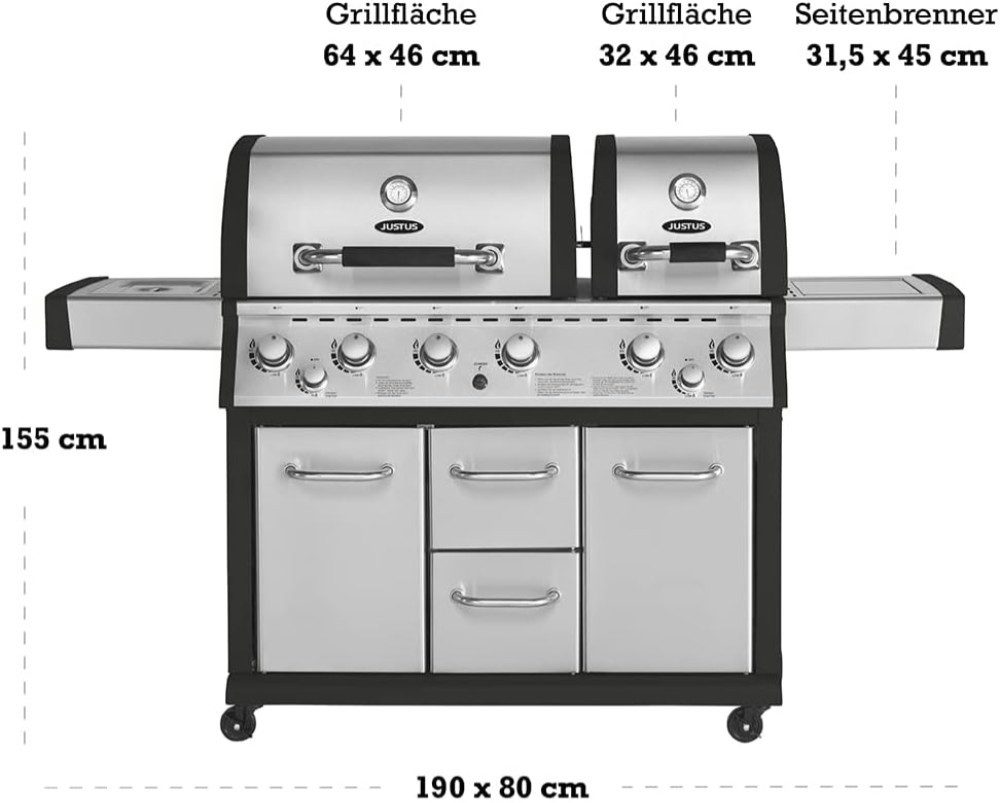 JUSTUS Gasgrill "Mars Pro", elektrische Zündung, 6 + 2 Brenner, 190 x 80 x 155 cm (L x B x H)