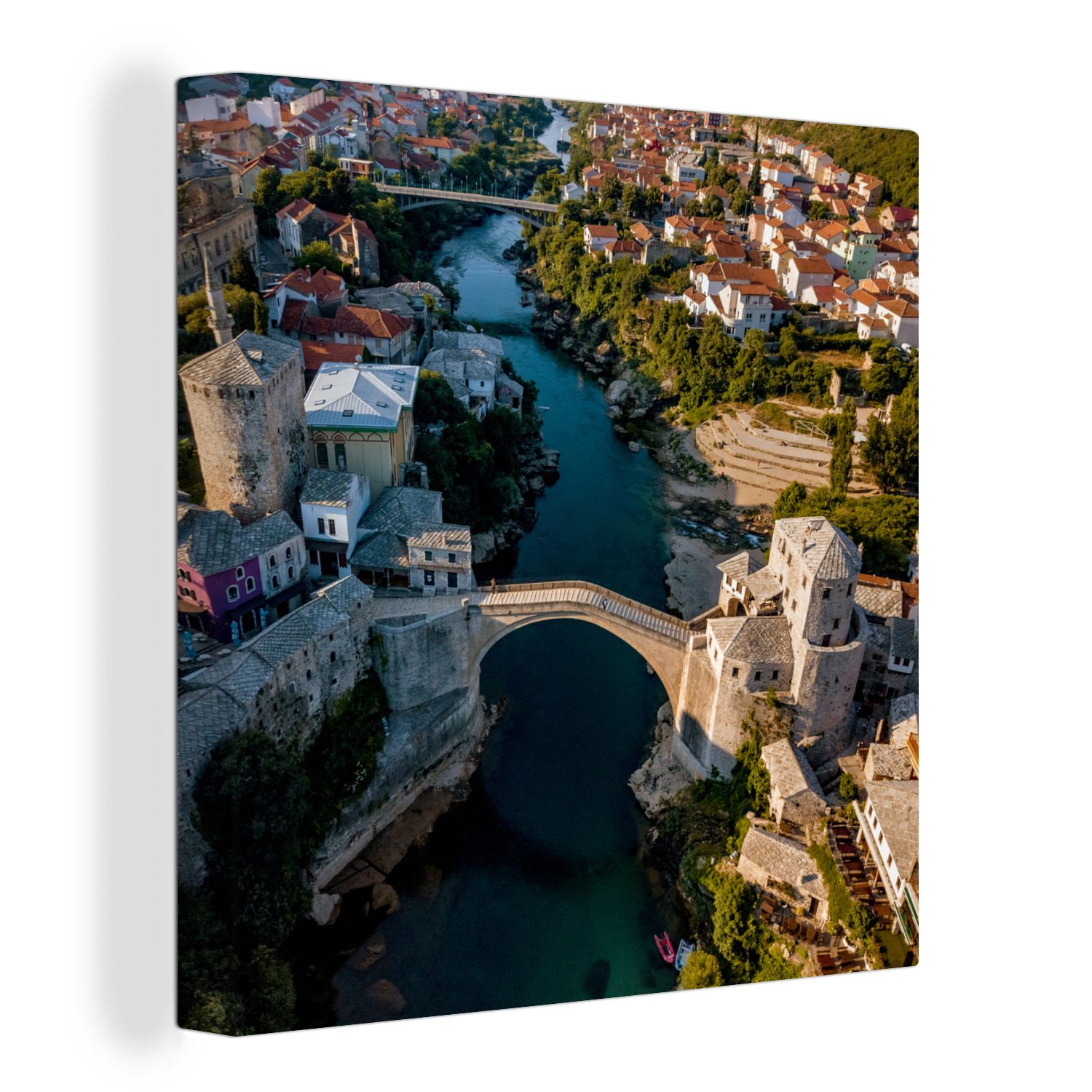 OneMillionCanvasses® Leinwandbild Die Stari-Brücke in Bosnien und Herzegowina aus der Vogelperspektive, Fotodruck (1 St), Wandbild, Deko Schlafzimmer Wohnzimmer Flur 20x20 cm