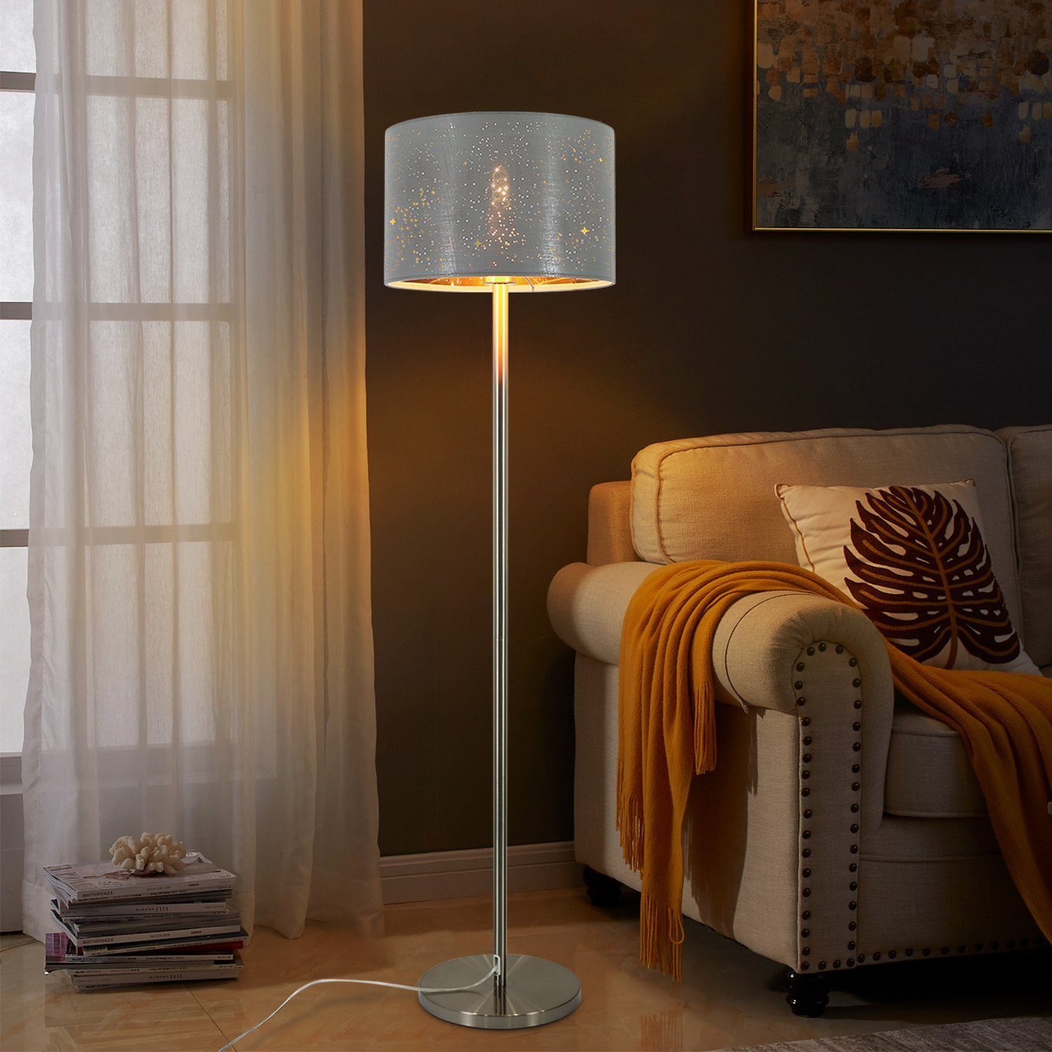 LED Vintage Stoff-Schirm, Wohnzimmer integriert, FuBschalter, max.40W für Esszimmer Schlafzimmer Stehlampe Stehlampe Nettlife fest mit Sternenhimmel E27
