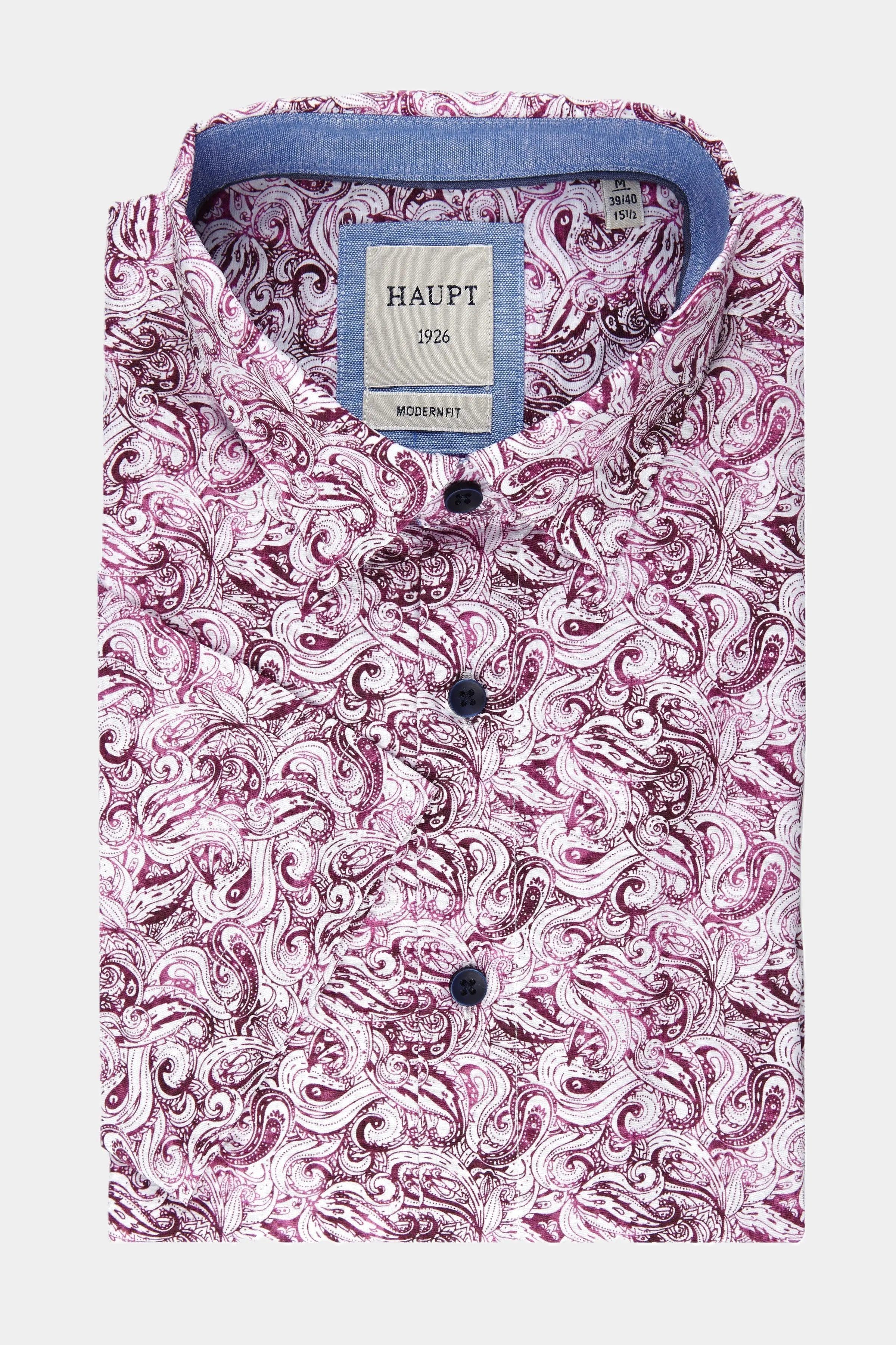 Haupt Kurzarmhemd Haupt Modern Fit Kurzarm Baumwoll-Herrenhemd dark red print