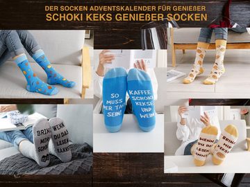 Lucadeau Adventskalender für Frauen, Kuschelsocken Baumwollsocken mit Sprüchen, Gr. 37-43, Socken mit Sprüchen, Schlüsselanhänger mit Essens-Motiv