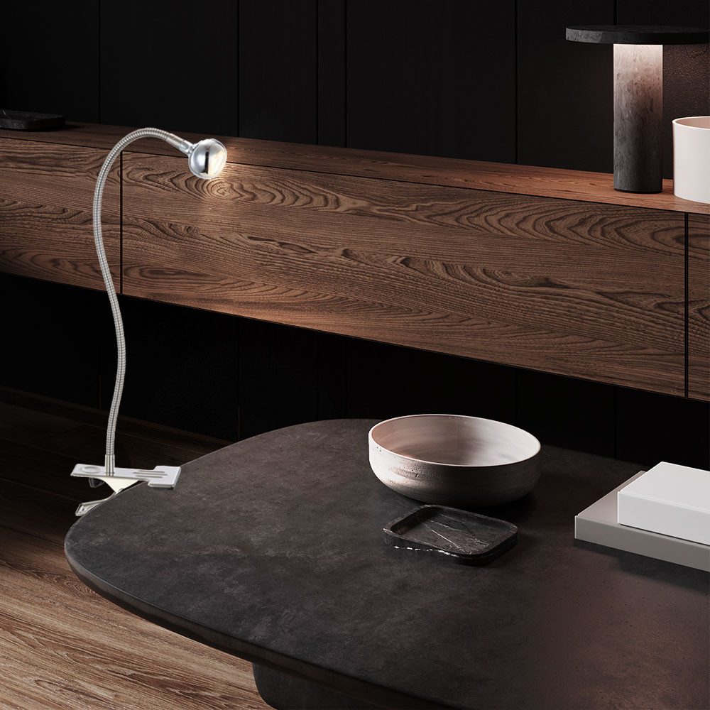 GLOBO LIGHTING Klemmleuchte, LED-Leuchtmittel fest verbaut, Warmweiß, LED Schreib Tisch Lampe Ess Zimmer Lese Klemm Leuchte Chrom Flexo Spot
