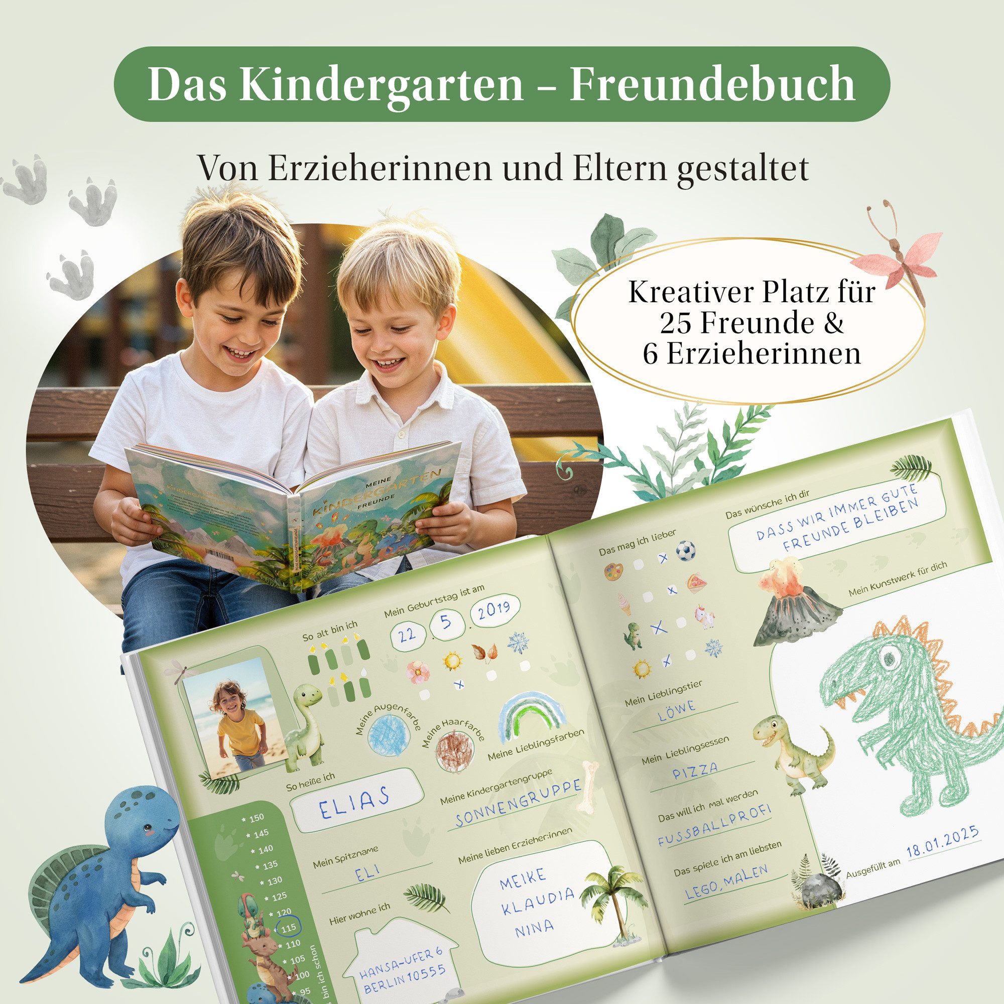 Eulentaler Freundebuch Kindergarten Dino I Von Erzieherinnen gestaltet I, Handgemalte Dinosaurier I Kinderfreundliche Gestaltung