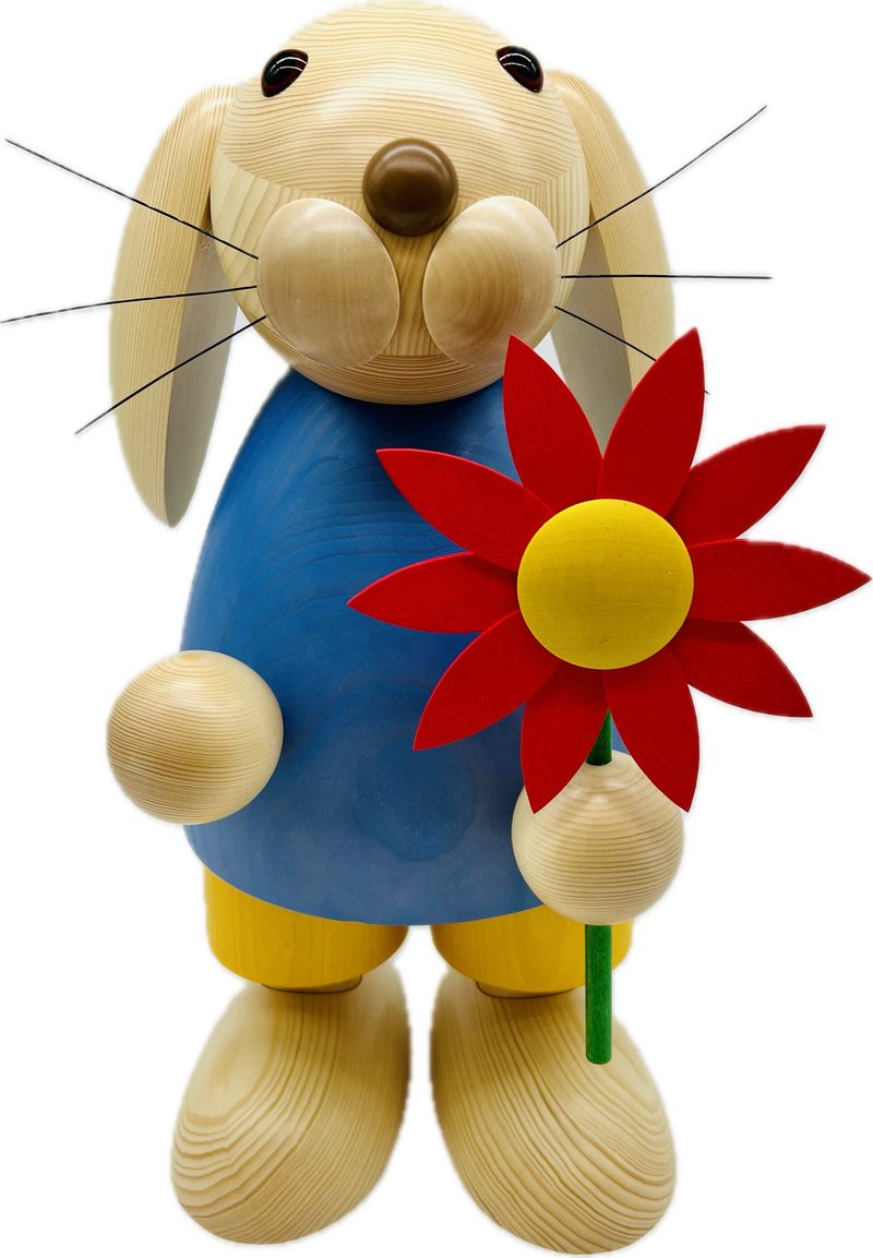 Richard Glaesser Osterhase XXL blau mit roter Blume, Höhe 64cm, Handwerkskunst original Erzgebirge