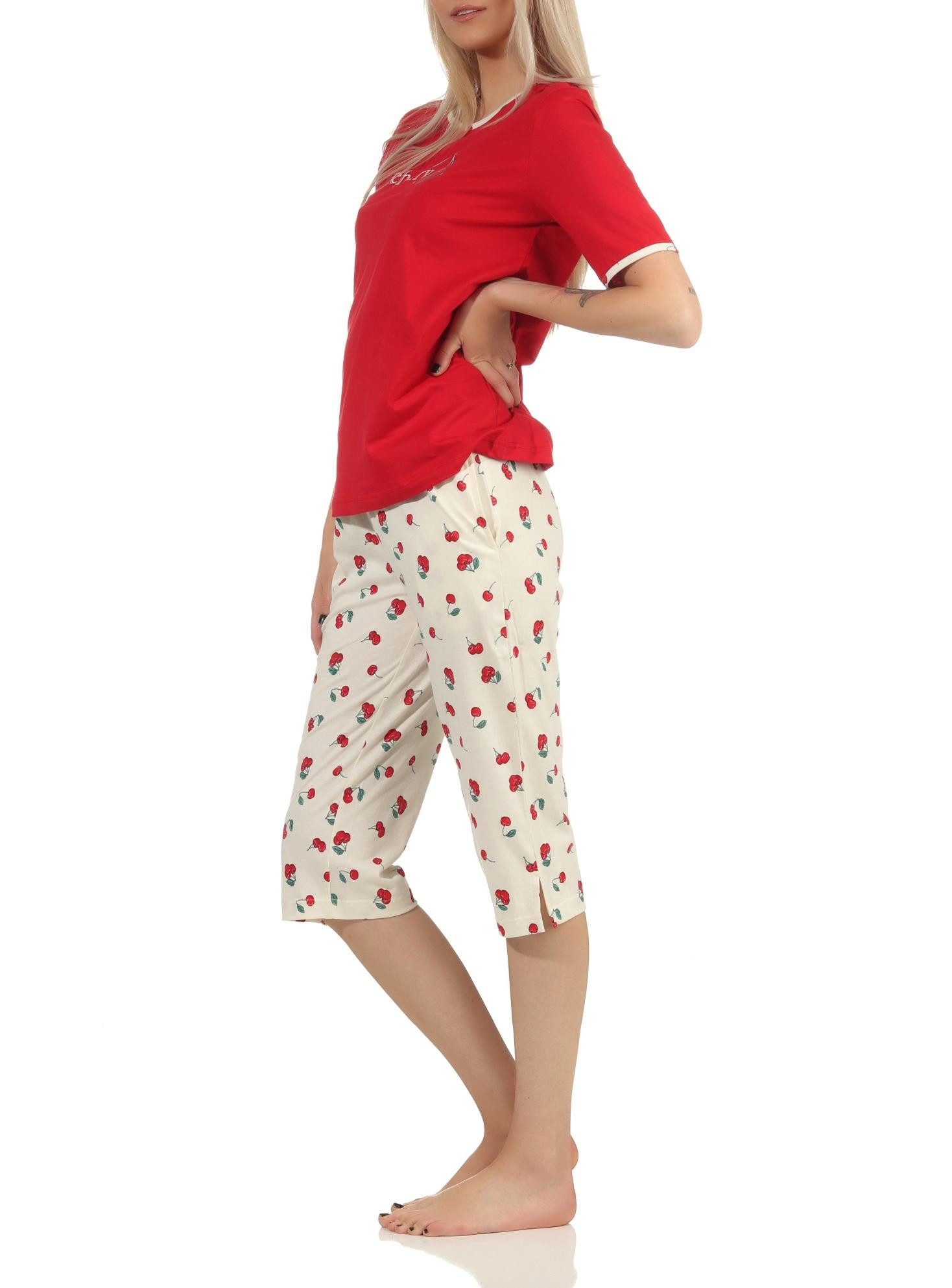 Normann Pyjama Süsser Damen Capri Schlafanzug kurzarm Pyjama mit Kirschen als Motiv – Bild 2 von 4