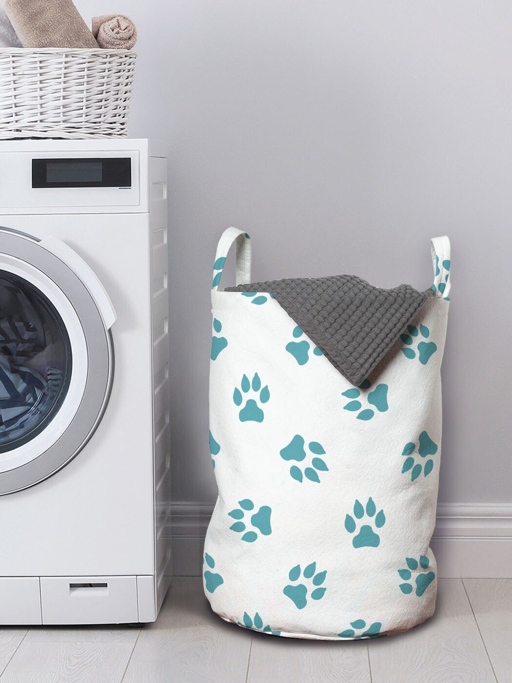 Abakuhaus Wäschesäckchen Wäschekorb mit für Monochrome Griffen Pfotenabdruck Tracks Dog Waschsalons, Kordelzugverschluss