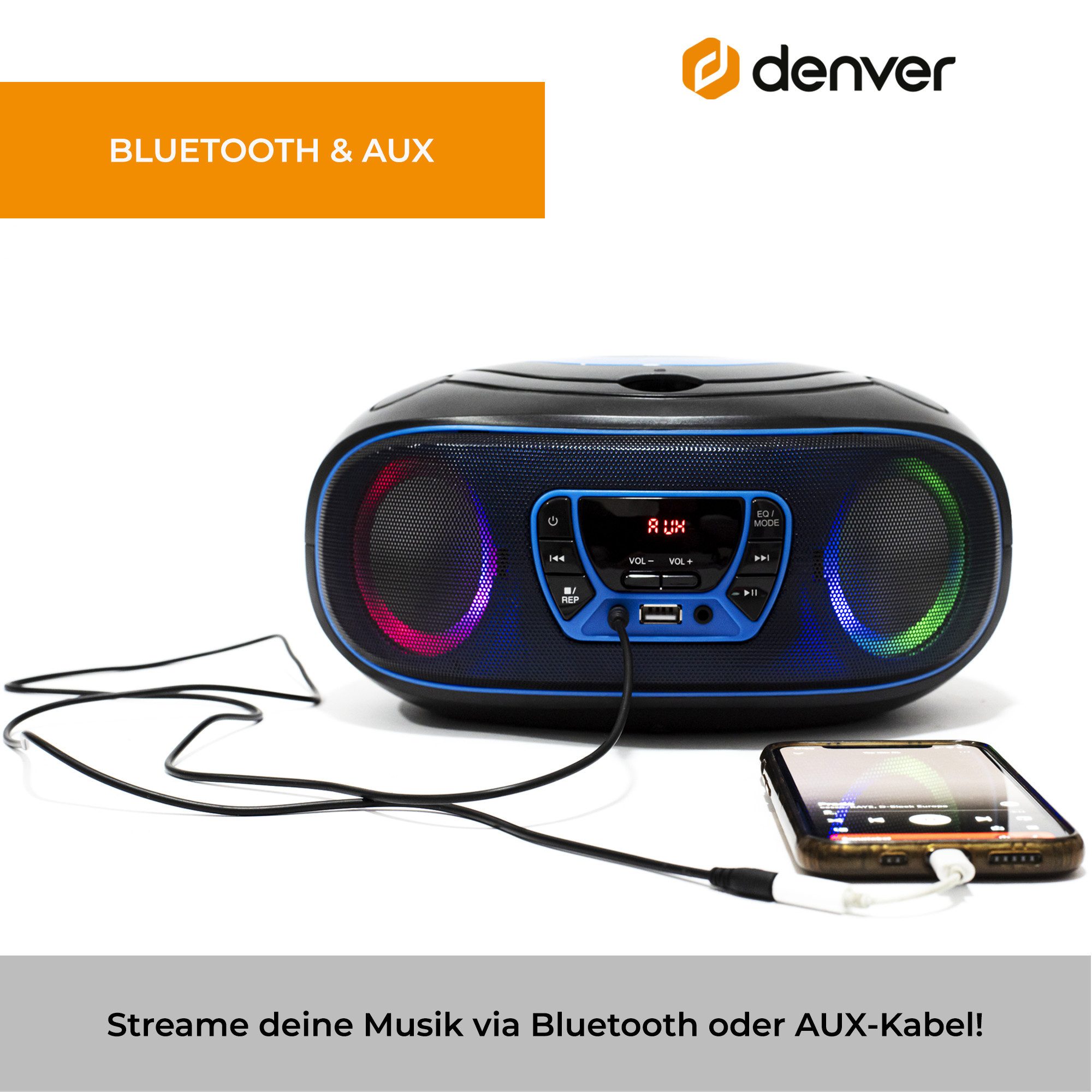 Denver TCL-212BTBU CD-Player (LED-Beleuchtung in Lautsprechergittern, Bluetooth, USB & AUX, CD/FM, LED-Beleuchtung in Lautsprechergittern, Bluetooth, USB & AUX, CD/FM)